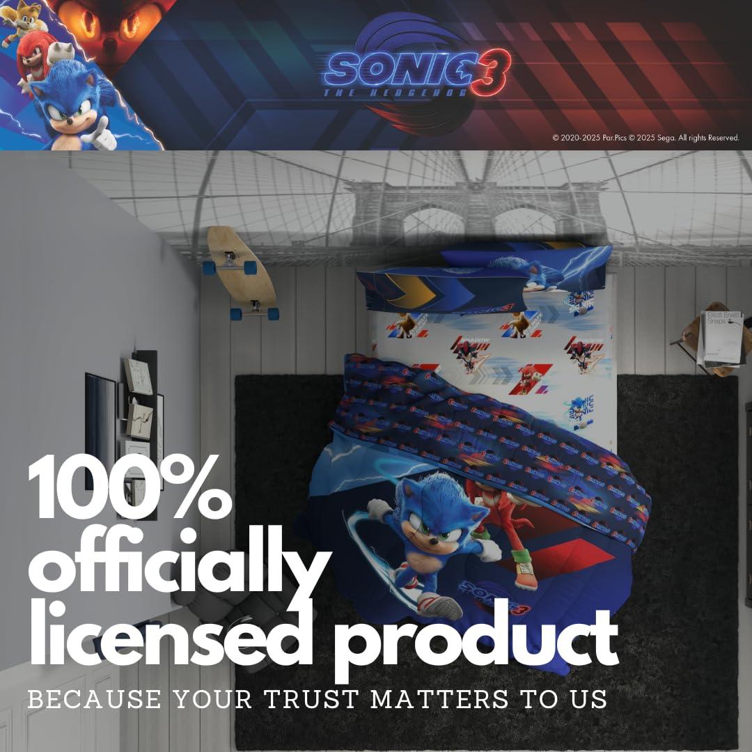 Franco Franco Sonic The Hedgehog 3 Movie Kids Bedding Super Soft Comforter and Sheet Set, 4 Piece Twin Size, (Officially Licensed Product)