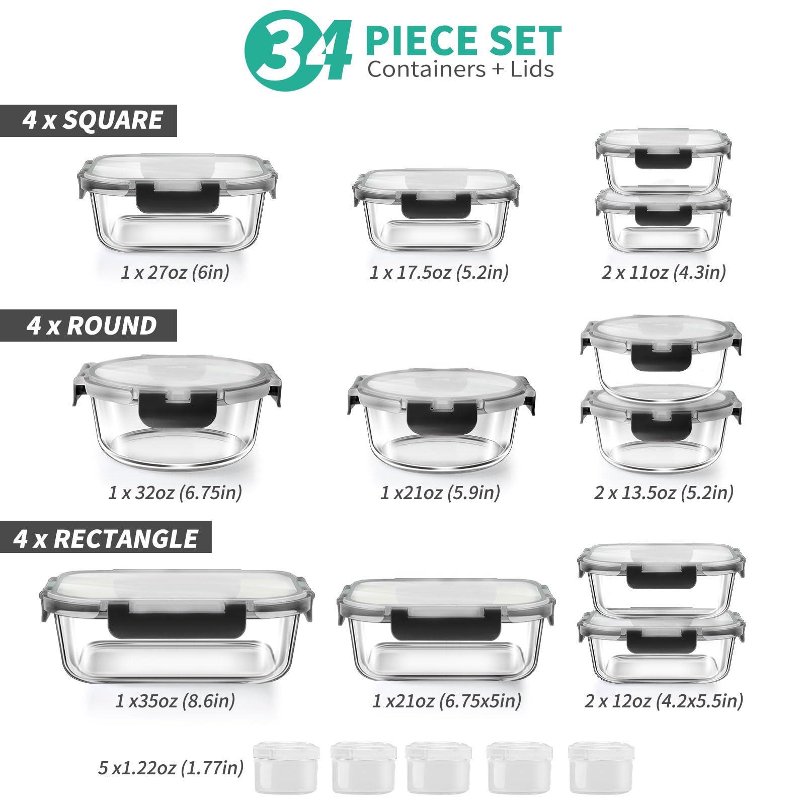AMALEKO 34pcs Glass Food Storage Containers with Lids Set, Airtight Glass Meal Prep Containers (17 Containers & 17 Lids), Leak Proof Lunch Containers BPA-Free, Microwave, Oven, Freezer, Dishwasher Safe-Black