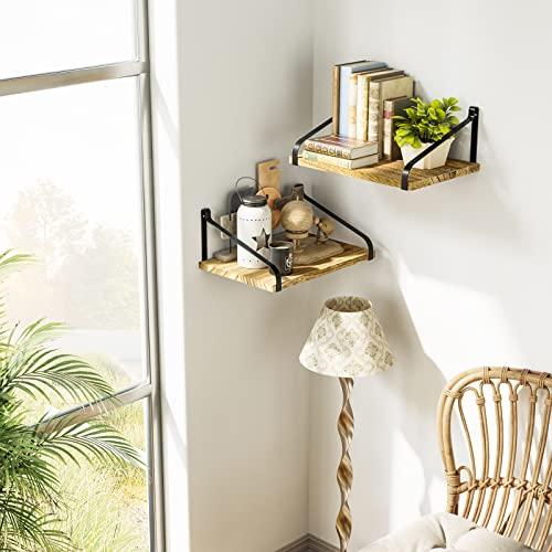Love-KANKEI Love-KANKEI Floating Shelves Wall Mount Rustic Wood Wall Shelves with Large Storage L16.5 x W12 inch for Kitchen Living Room Bathroom Bedroom Set of 2 Carbonized Black