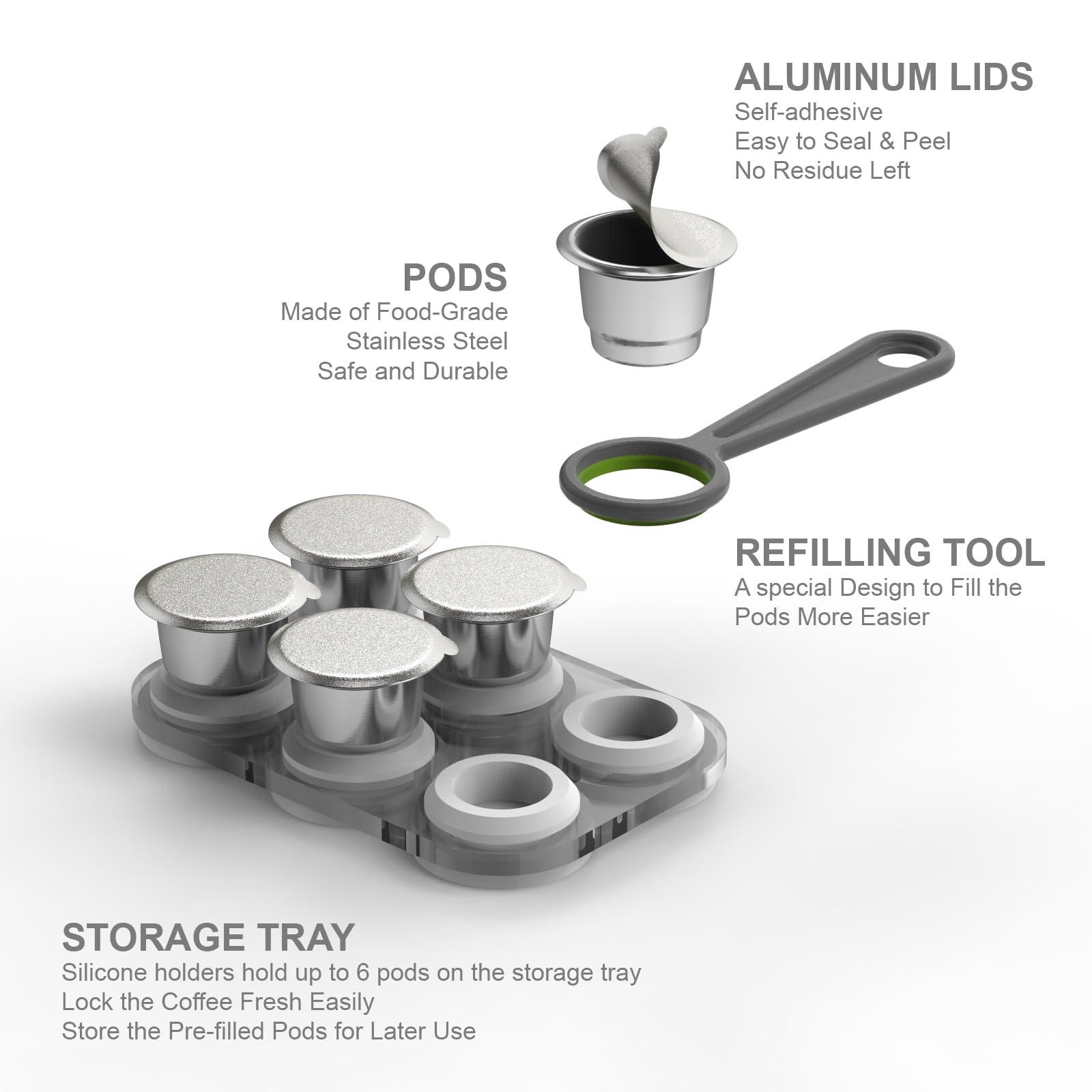 Triplot Reusable Capsules for Nespresso OriginalLine - 6pcs Refillable Coffee Pods,Stainless Steel Cups Compatible for Nespresso OriginalLine Machine (6Pods+100pcs Lids+Storage Board)