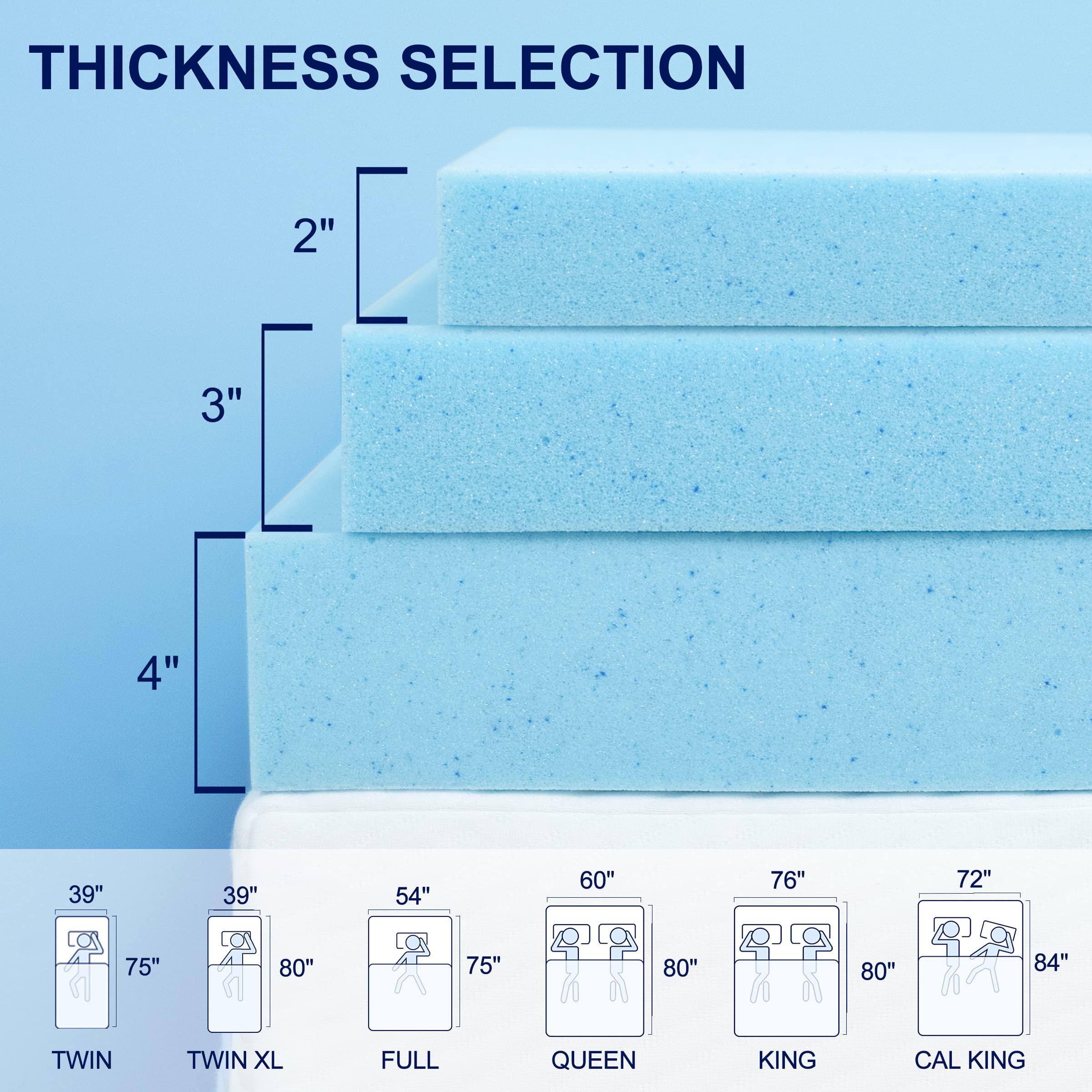 SUBRTEX Subrtex 4 Inch Memory Foam Mattress Topper Mattress Pad Ventilated Gel Infused Bed Foam Topper for Pressure Relieving, CertiPUR-US Certified, Queen, Blue