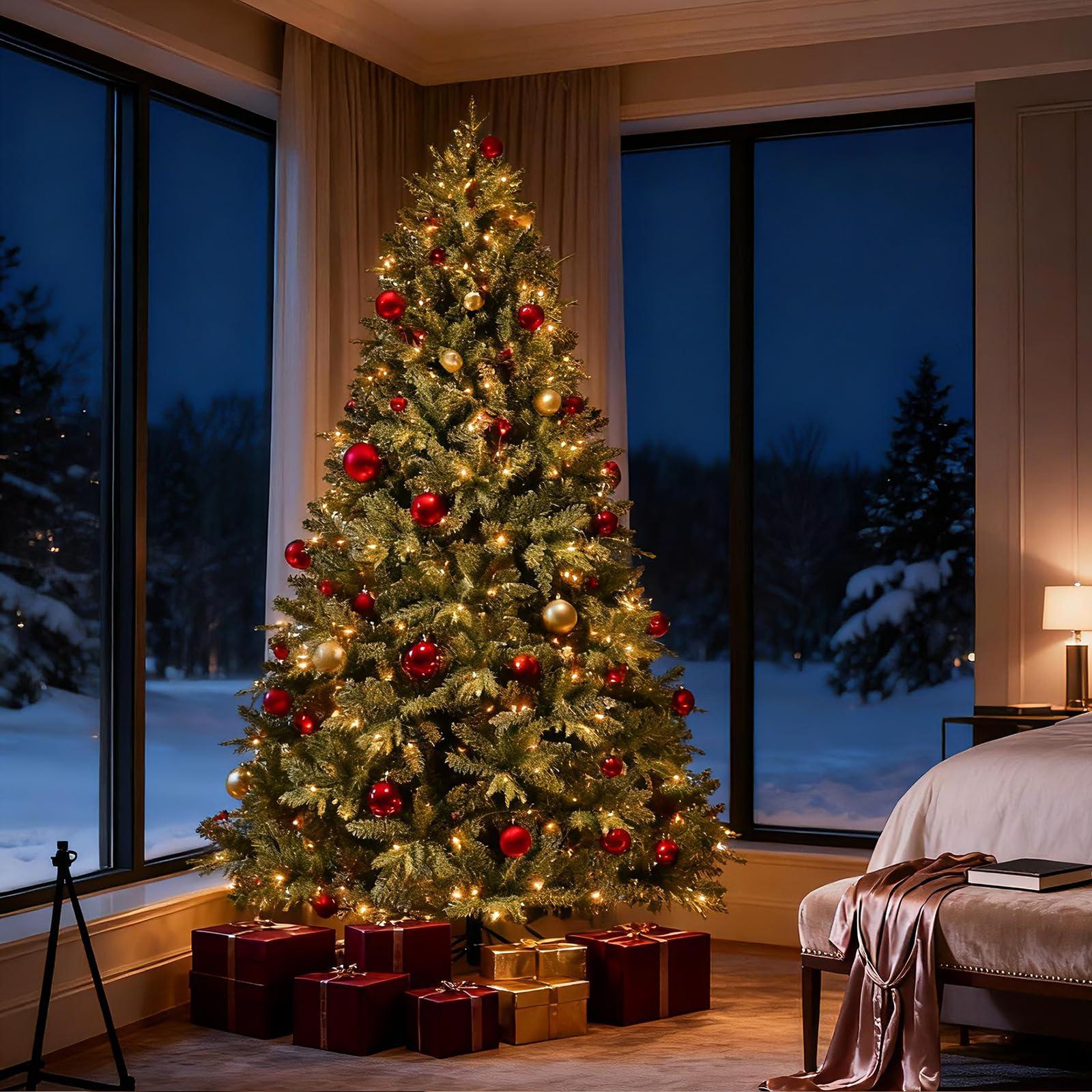 Treepool Treepool 9FT Pre-Lit Artificial Christmas Tree with 3658 PE&PVC Mixed Branch Tips, 850 Warm White Lights, Hinged Premium Spruce Fake Xmas Trees, Green, Foldable Base