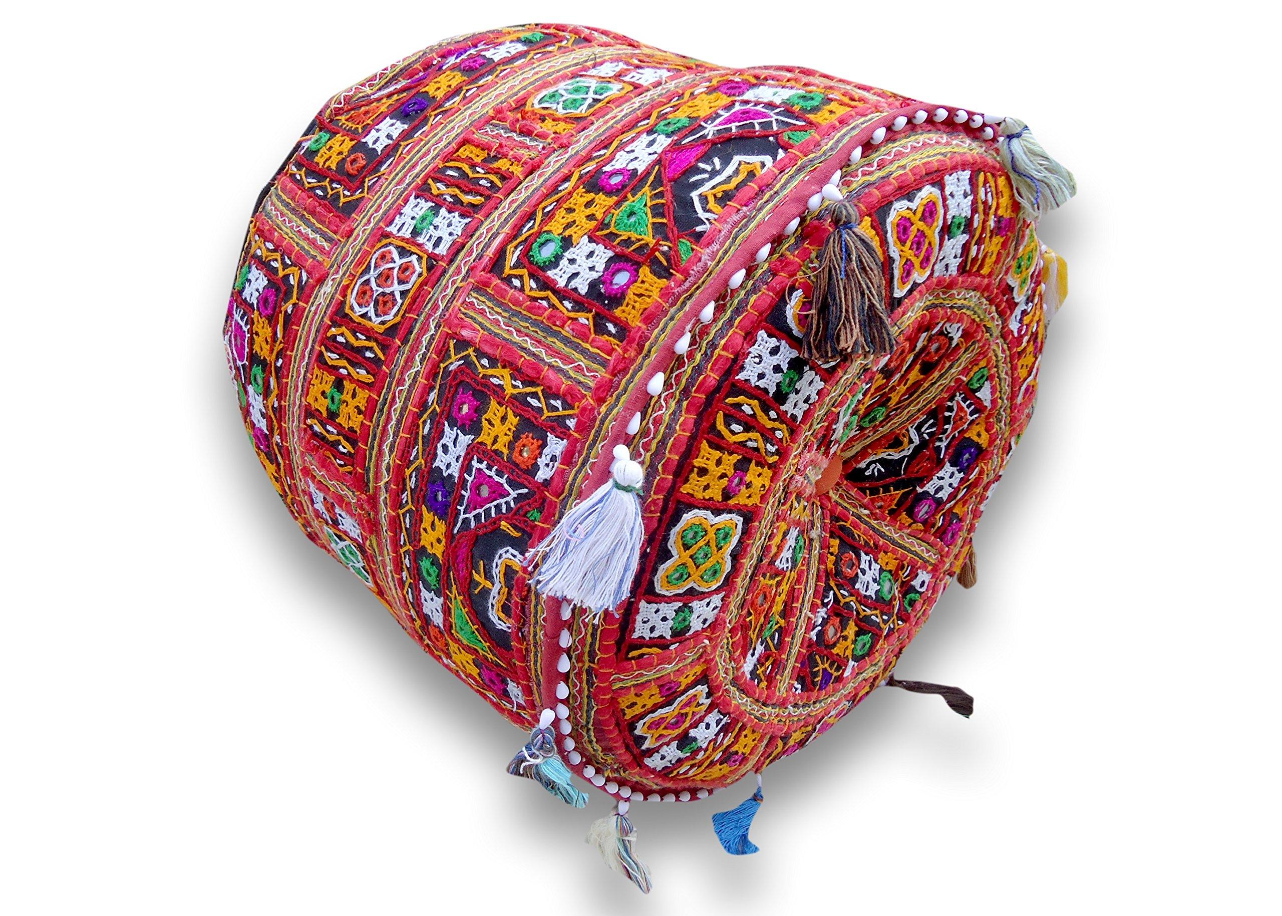 Sophia-Art Sophia-Art Indian Embroidered Patchwork Cover Indian Decorative Pouf Indian Comfortable Floor Cotton Cushion Ottoman Pouf,Indian Designs Ethnic Patchwork Pouf (Gujarat-Kutch, 18\"x13\")