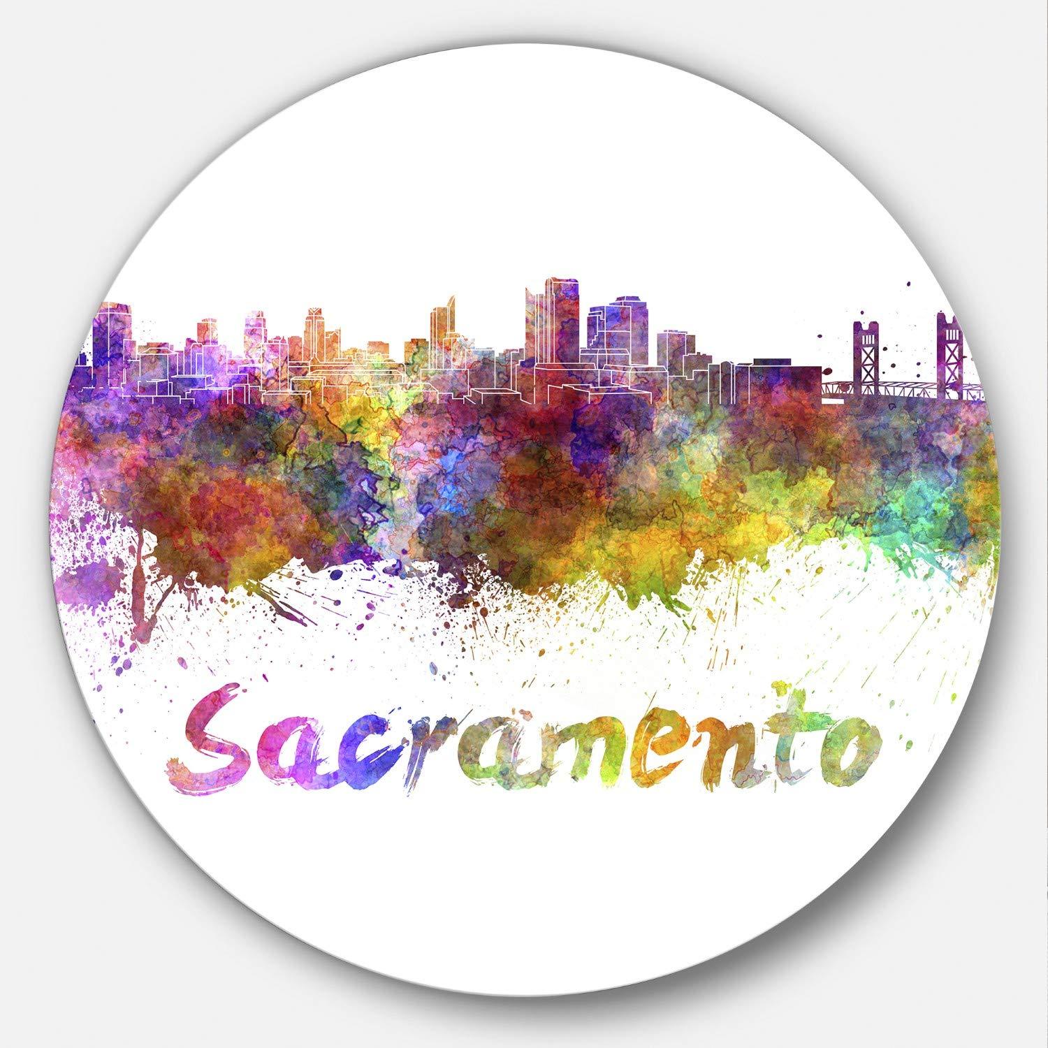 Design Art Designart Sacramento Skyline Cityscape Metal Artwork-Disc of 38 inch, 38x38-Disc, Purple/Yellow/Red/Pink