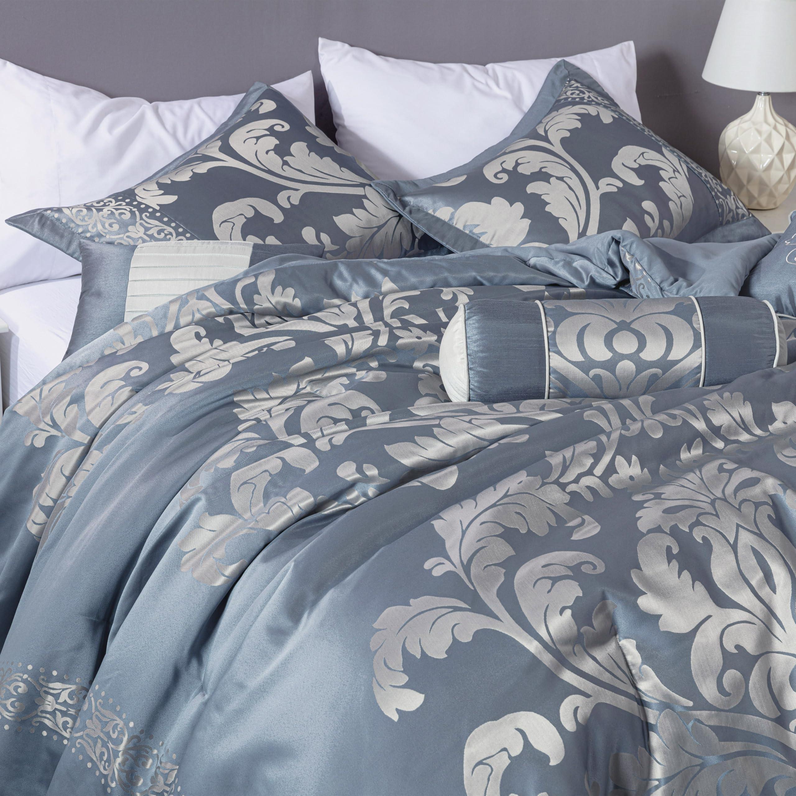 Chezmoi Collection Chezmoi Collection Royale 7-Piece Jacquard Floral Comforter Set, Oversized Queen, Grayish Blue/Gray