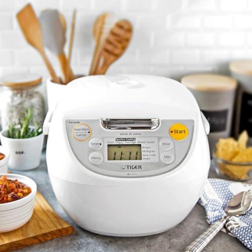 Tiger Tiger Japan Made Synchro-Cooking 5.5-Cup Micom Rice Cooker and Warmer with 10 Cooking Menu Settings, Stainless Steel Non-Stick Inner Pot and Tacook Cooking Plate, Lets you Cook Rice and Main Dish at the Same Time
