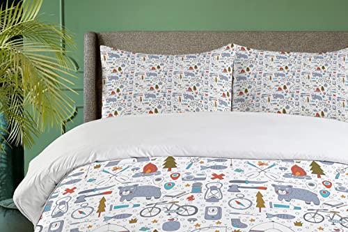Lunarable Lunarable Camping Duvet Cover Set, Cartoon Bear Tent and Compass Outdoor Hobby Theme Hiking Doodle, Decorative 2 Piece Bedding Set with 1 Pillow Sham, Twin Size, Vermilion Bluegrey