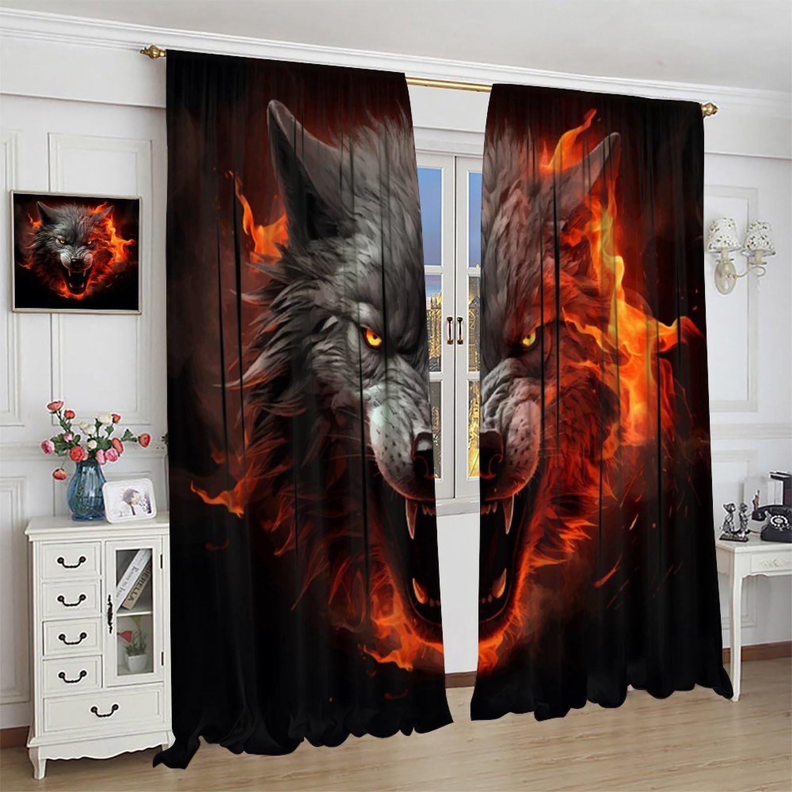 BATPLY Wild Animal Curtains, Black Red Fantastic Cool Scary Real Wolf Head with Burning Fire, Thermal Insulation Blackout Rod Pocket Window Treatments for Living Room Bedroom Bathroom (21x54in) x2 Panels