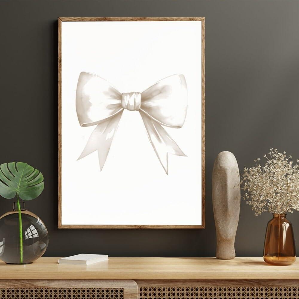 Generic Beige Bow Poster Preppy Aesthetic Wall Art Coquette Room Decor Beige Canvas Bow Print Girl Wall Art Pastel Prints Bedroom Wall Decoration16x24inch Framed