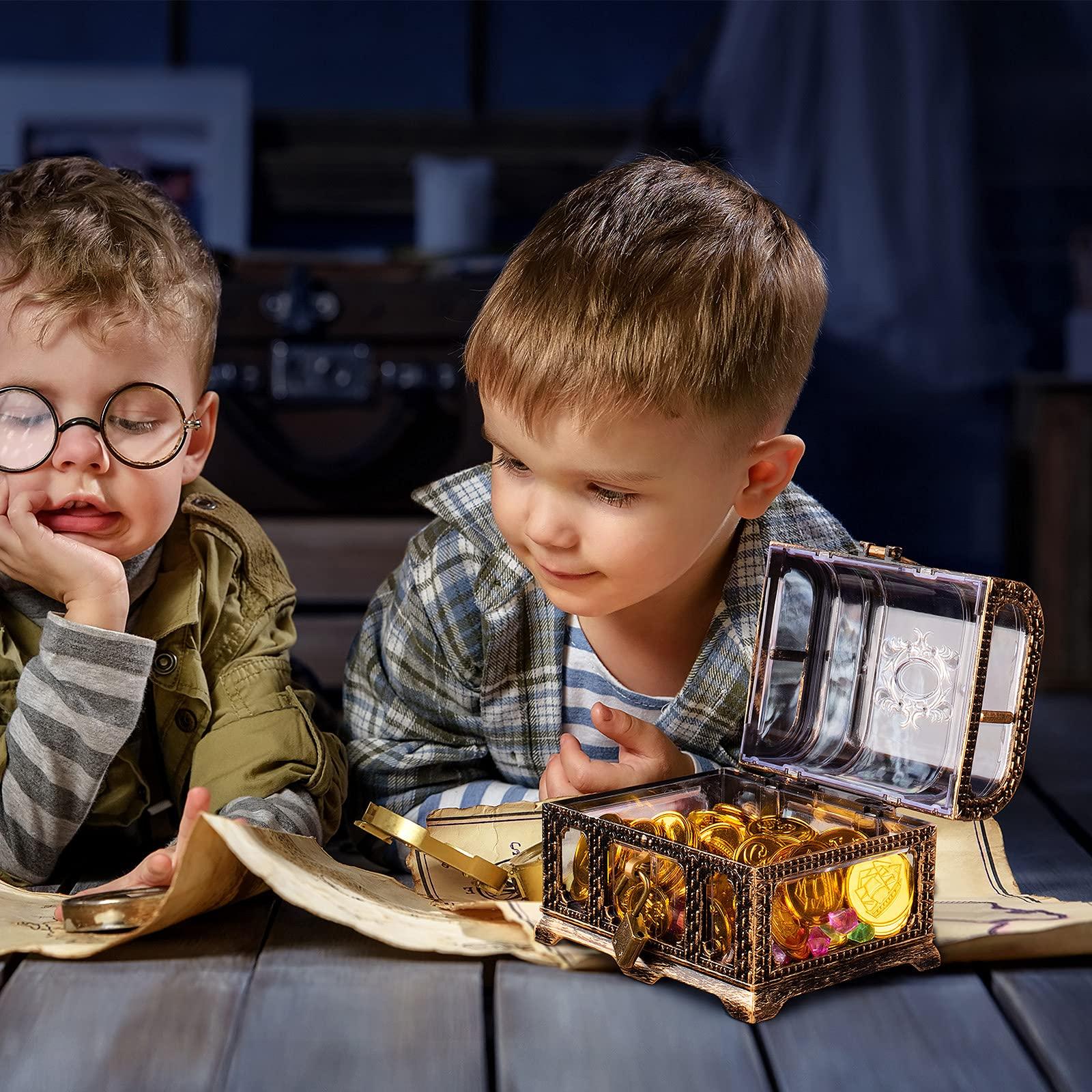 Pemalin Plastic Transparent Antique Pirate Treasure Box with Lock and Key, Treasure Toy Box Prizes for Kids, Pirate Party Decor