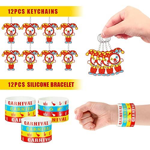 BUYWUMORE BUYWUMORE 98 PCS Circus Party Favors, Clown Keychains Goodie Bags with Stickers, Rubber Bracelets, Button pins and Bags for Circus Carnival Theme Party Supplies Baby Shower (Circus)