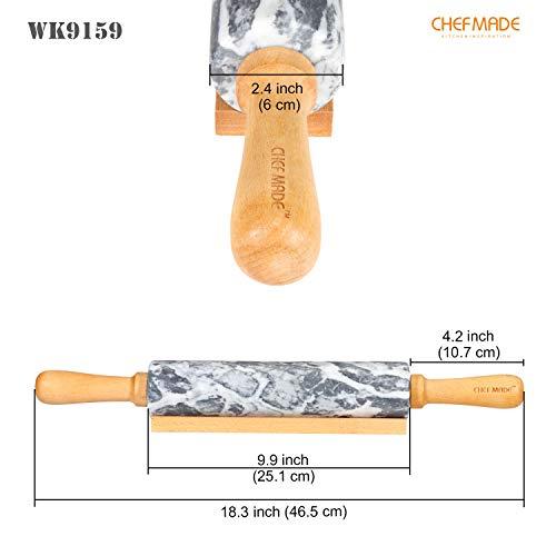 CHEFMADE CHEFMADE 18-Inch Marble Rolling Pin with Wooden Handles and Cradle, Non-Stick (Gray and White)
