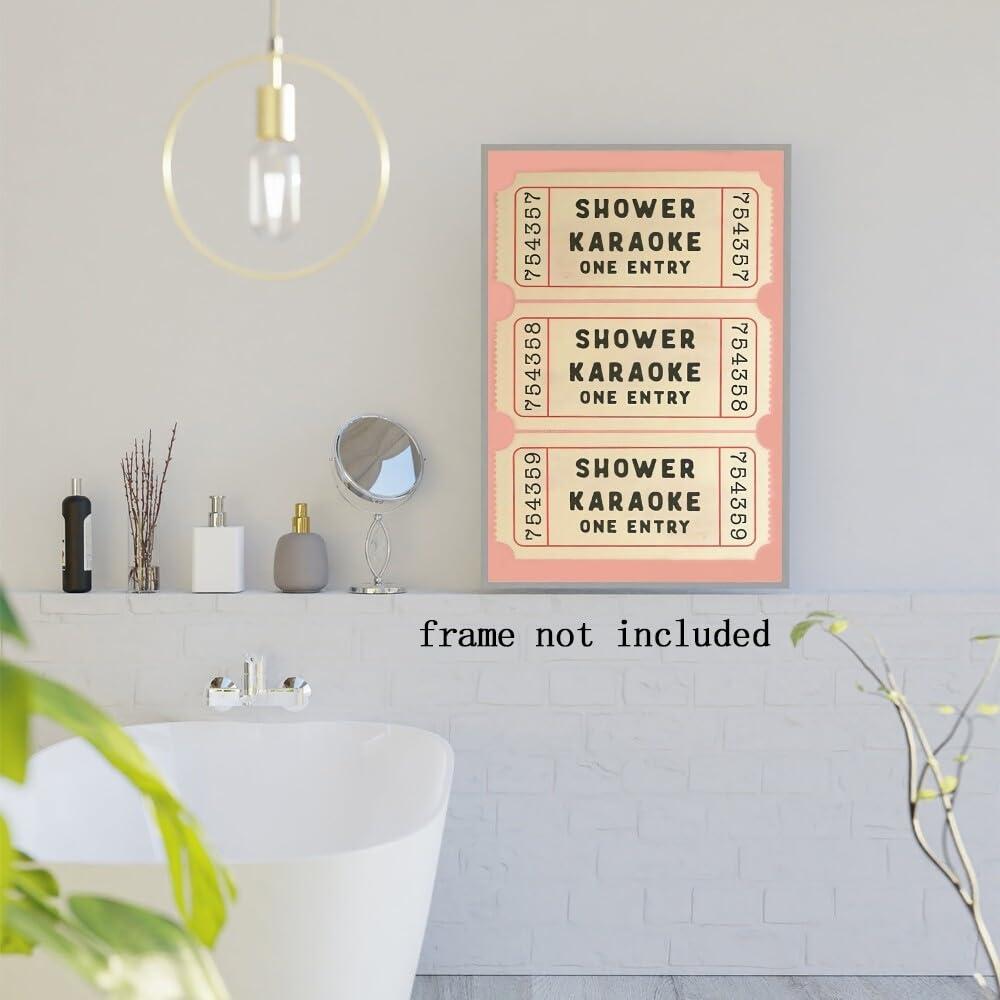 WHQethrial Funny Shower Karaoke Ticket Print Bathroom Canvas Poster for Bathroom Decor, Retro Pink Toilet Wall Art, Cute Bath Decor, Aesthetic Bathroom Art, Guest Bathroom Canvas Wall Art 8x12inch Unframed