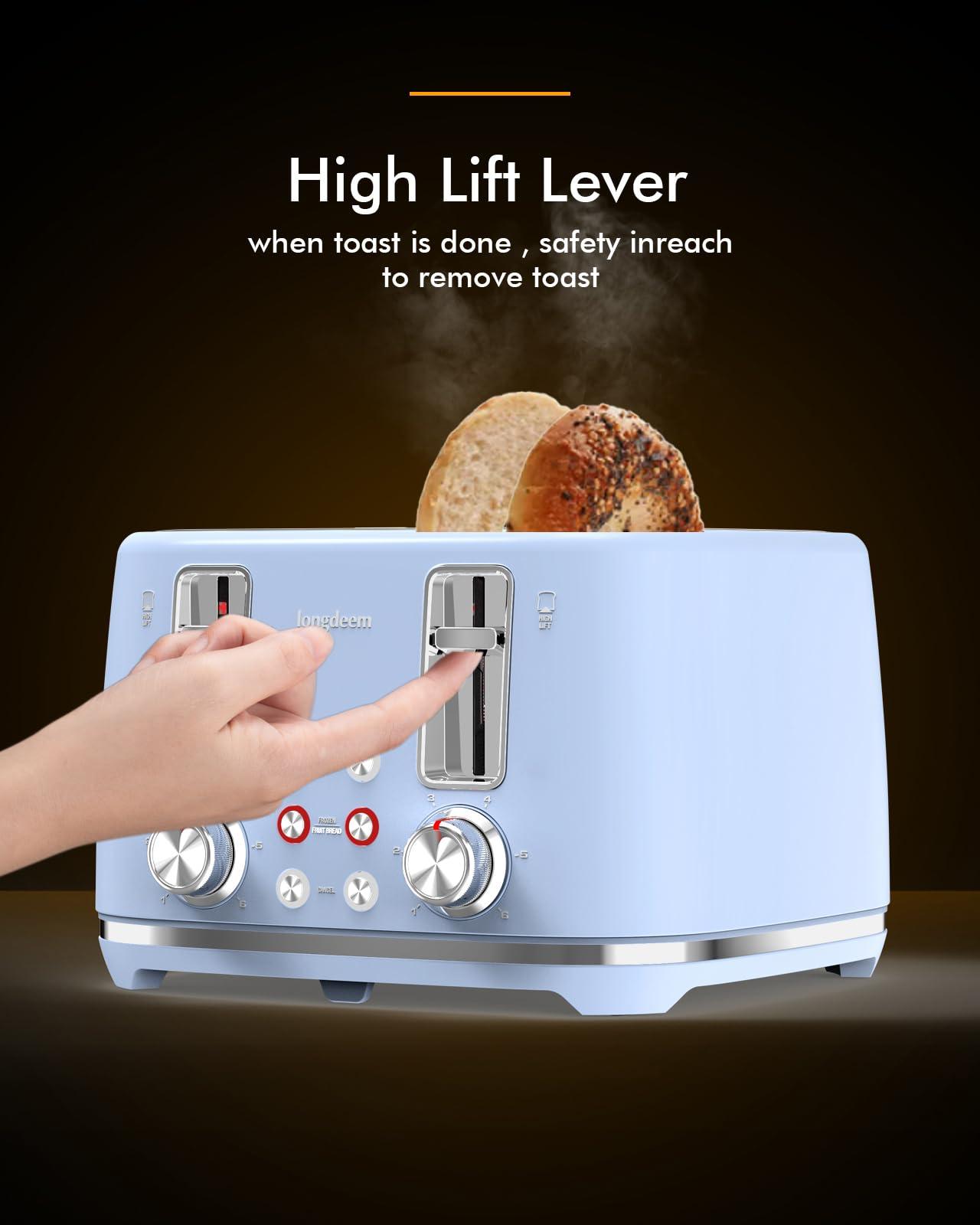 LONGDEEM LONGDEEM Toaster 4-Slice, Retro-Styled Stainless Steel, Wide Slot Bagel Toaster, Dual Independent Controls, Removable Crumb Tray, Easy to Clean, 6 Shade Settings, Reheat & Defrost, Blue