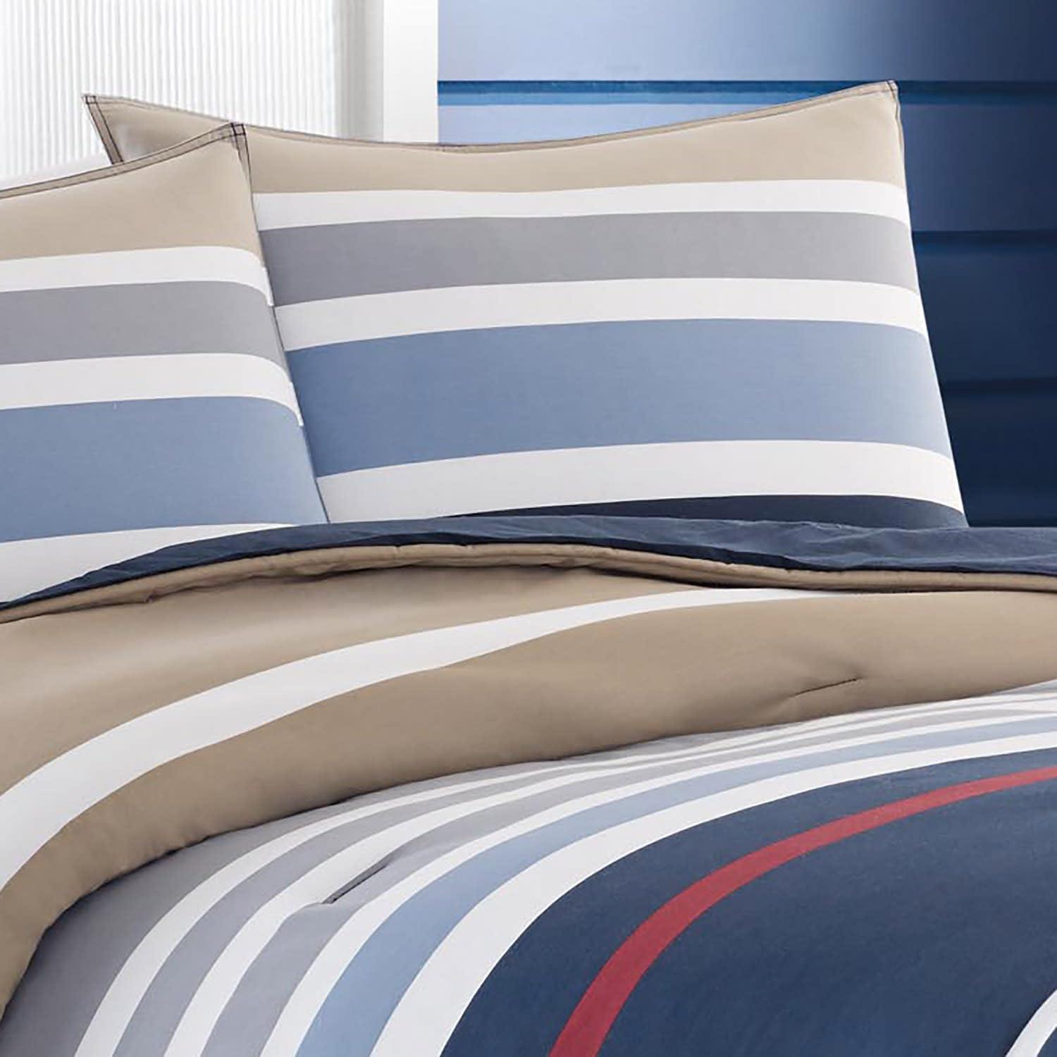 Nautica Nautica - Queen Duvet Cover Set, Cotton Reversible Bedding with Button Closure, Stylish Home Decor (Bradford Navy/Khaki, Queen)