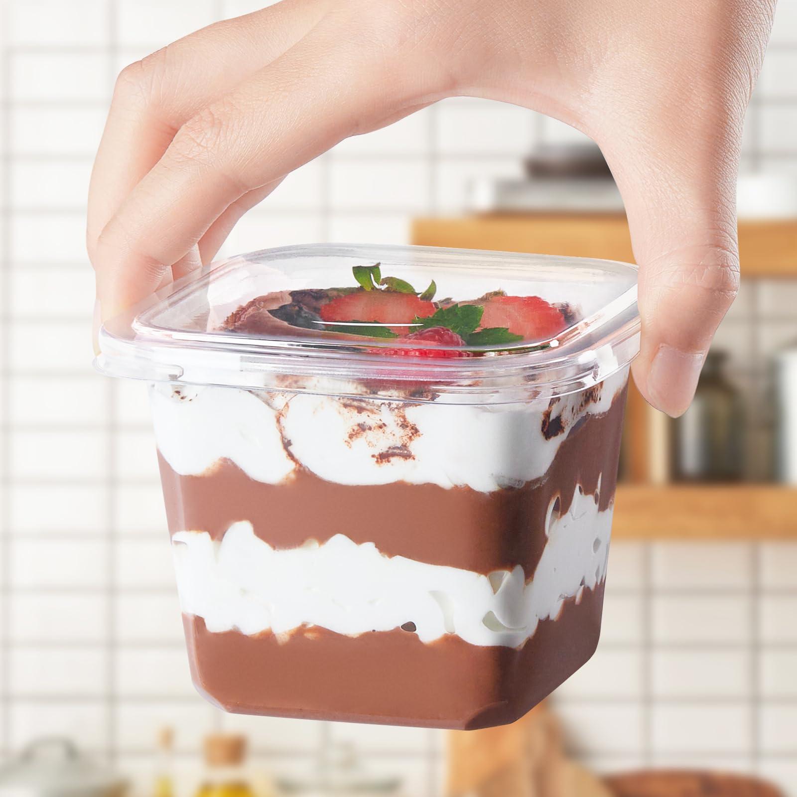 Kucoele Kucoele 50 Pack 12 oz Plastic Dessert Cups with Lids and Sporks, Clear Square Cake Cups Dessert Containers for Pudding Parfait Fruit Yogurt and Shortcake