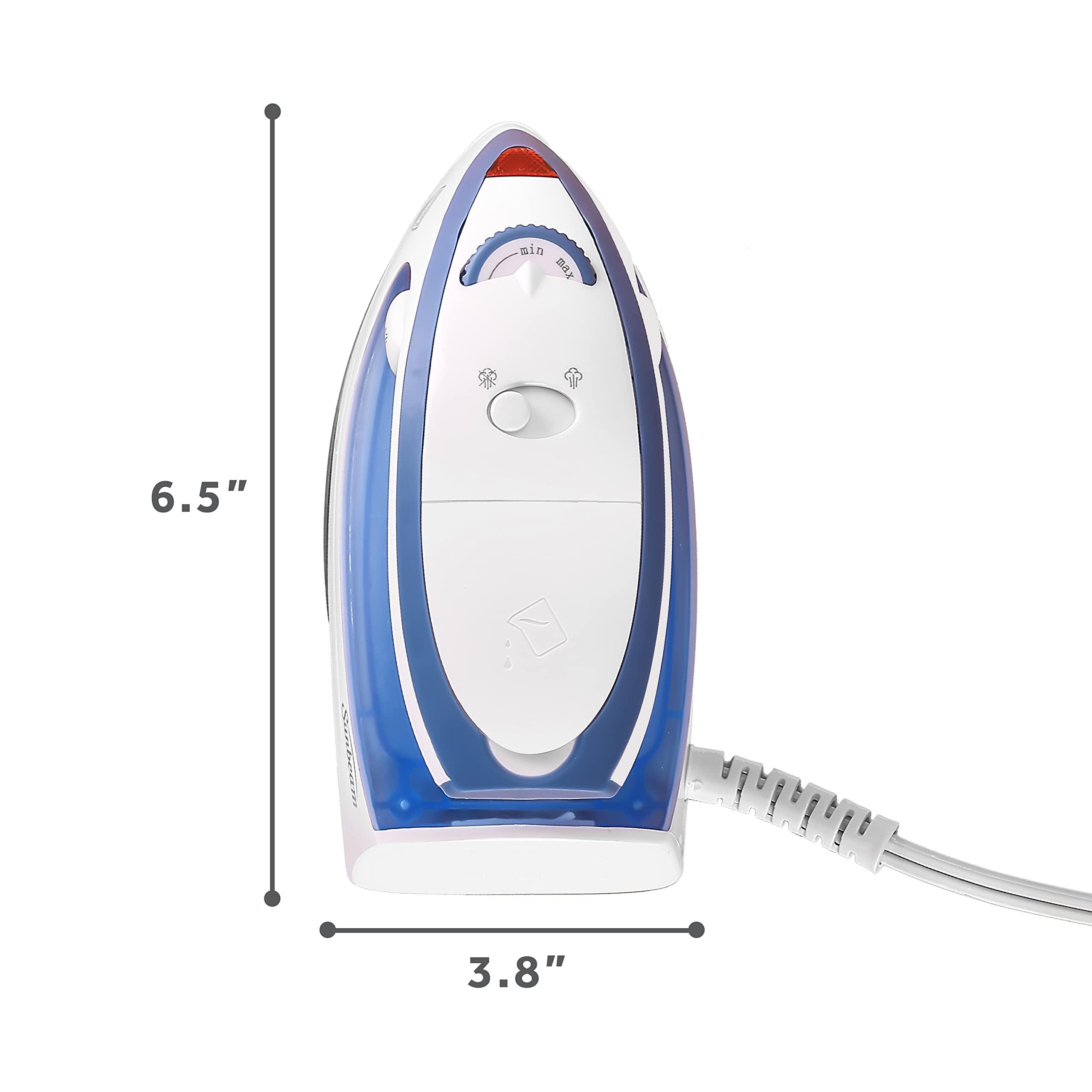 Sunbeam Sunbeam Hot-2-Trot Travel Steam Iron, 800 Watt Dual Voltage 120/240, Compact Size, Portable, Non-Stick Soleplate, Soft Touch Handle, Horizontal or Vertical Use, White and Blue