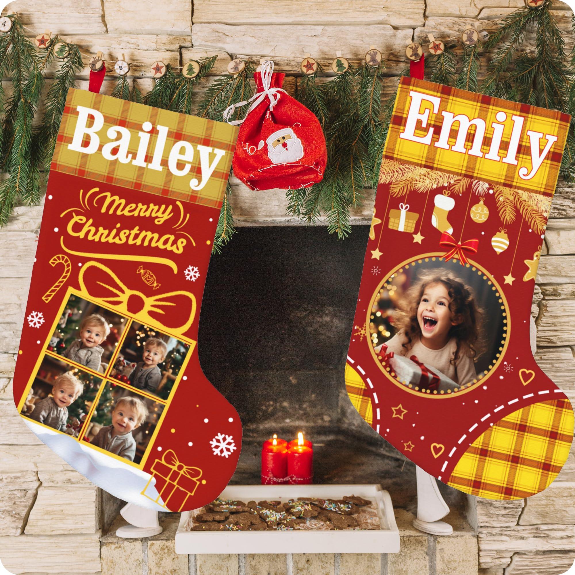 BUDAXCUST Personalized Christmas Stockings Custom Stocking with Name Picture Customized Xmas Stockings Personalized Buffalo Plaid Snowflake Stockings for Family Holiday Christmas Party Decor (Ornaments)