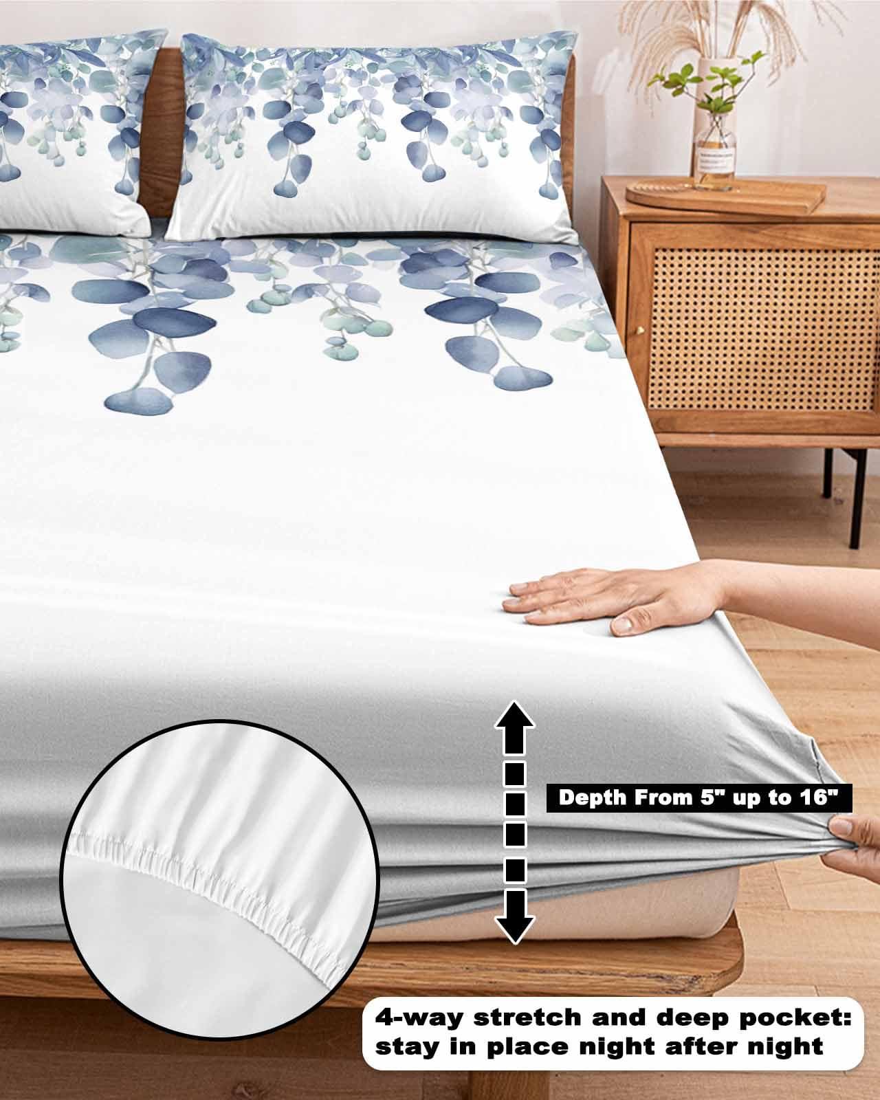 Queener Home Watercolor Blue Eucalyptus Leaf Fitted Bed Sheet with Elastic Edge King Deep Pocket Bedding Sheets Fits Mattress Up to 16 Inch, Pastoral Green Botanical Leaves Mattress Cover with 2 Pillowcase