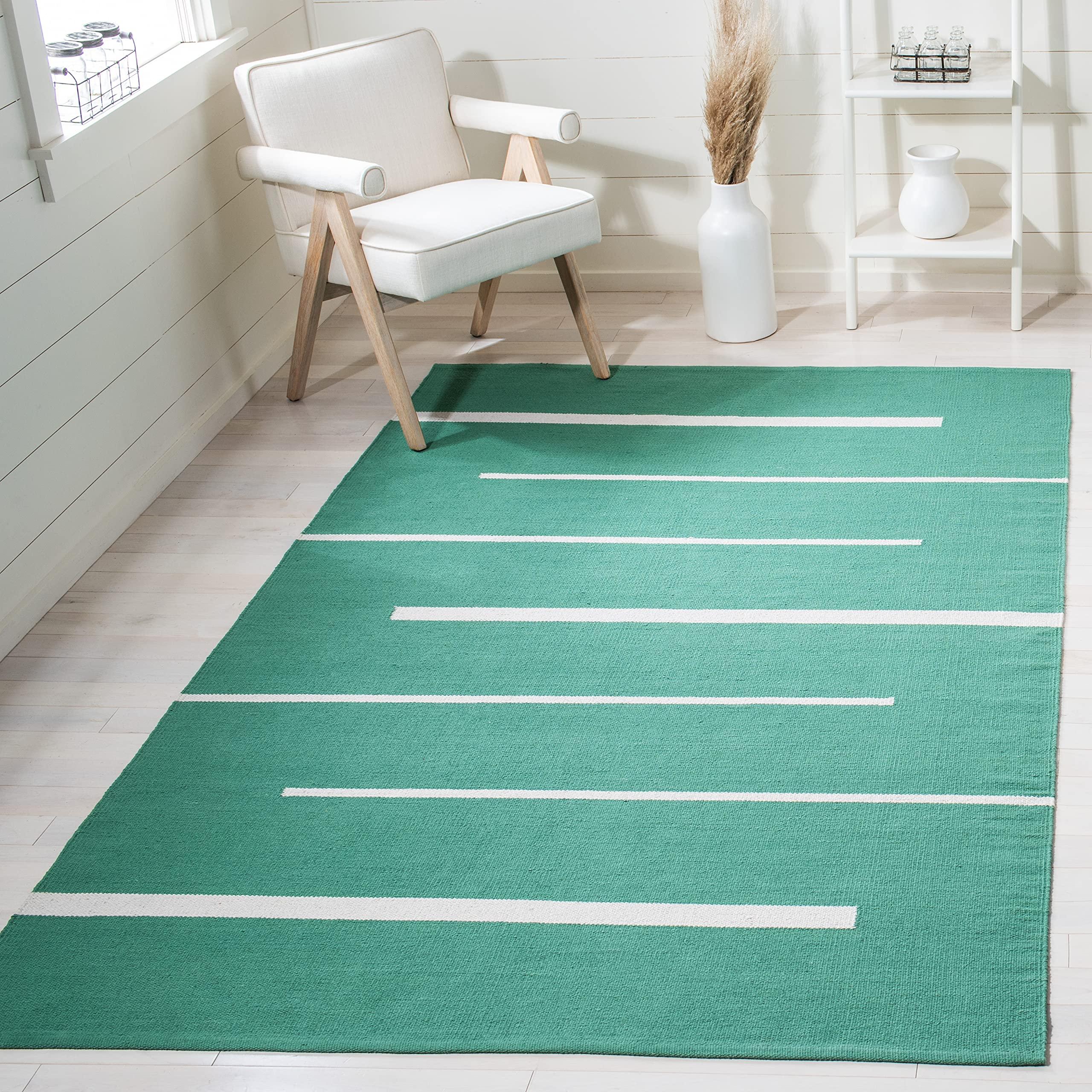 Safavieh SAFAVIEH Montauk Collection Area Rug - 6' x 9', Dark Green & Ivory, Handmade Flat Weave Boho Farmhouse Cotton Modern Stripe, Ideal for High Traffic Areas in Living Room, Bedroom (MTK311Y)