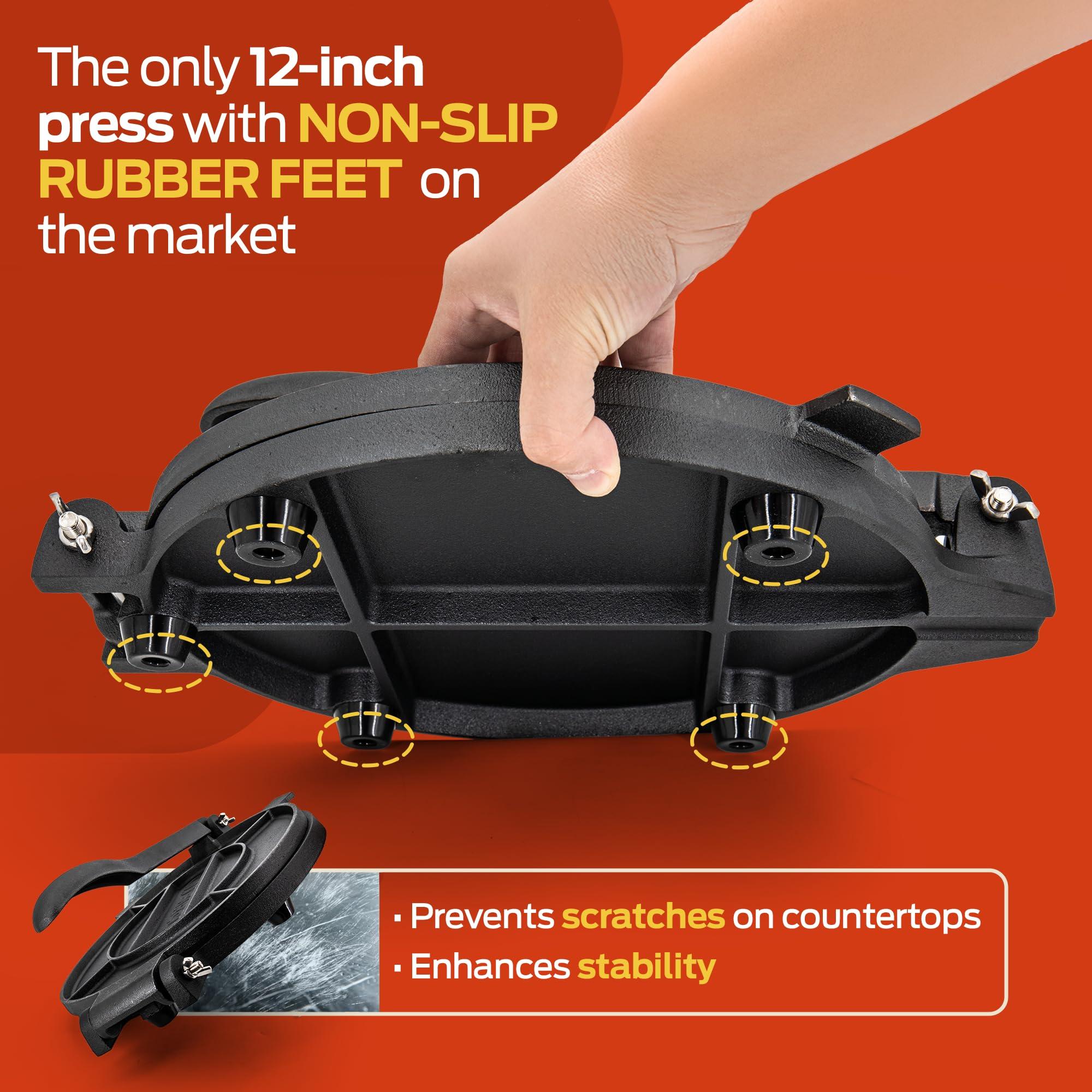 SIRCLES SIRCLES Tortilla Press 12 Inch Cast Iron - Extra Large, Heavy Duty 12 Inch Tortilla Press - Ebook Tortilla recipes - 5 Non-Slip Rubber Feet - Pre-Seasoned - Prensa Para Tortillas De 12 Pulgadas Grande