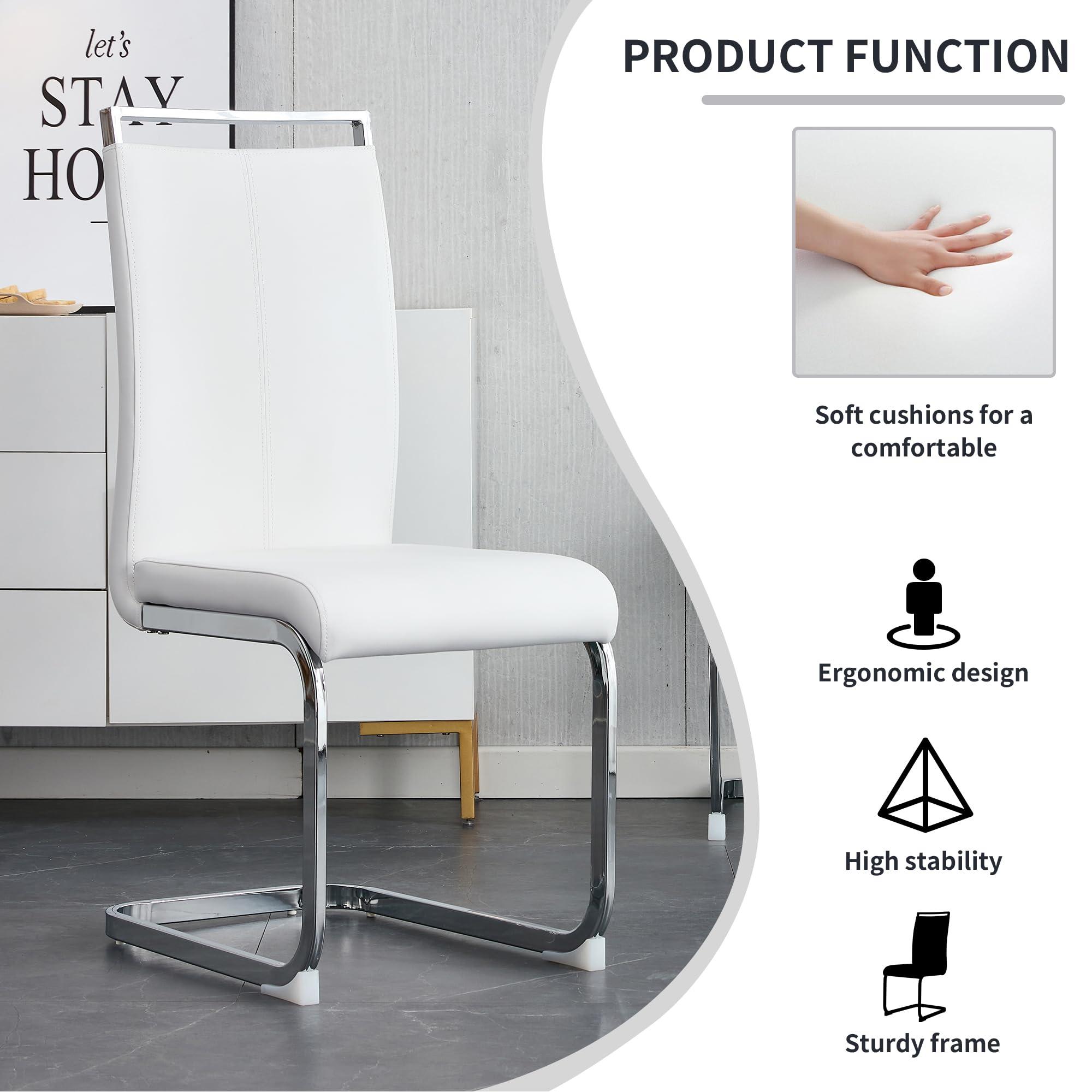 HAIZAO HAIZAO 42 inch Round Glass Dining Table Set for 4, 5 Piece Dining Table Set, Tempered Glass Tabletop with 4 Silver Metal Legs, White PU Faux Leather Chairs with Silver Metal Legs, for Dining Room