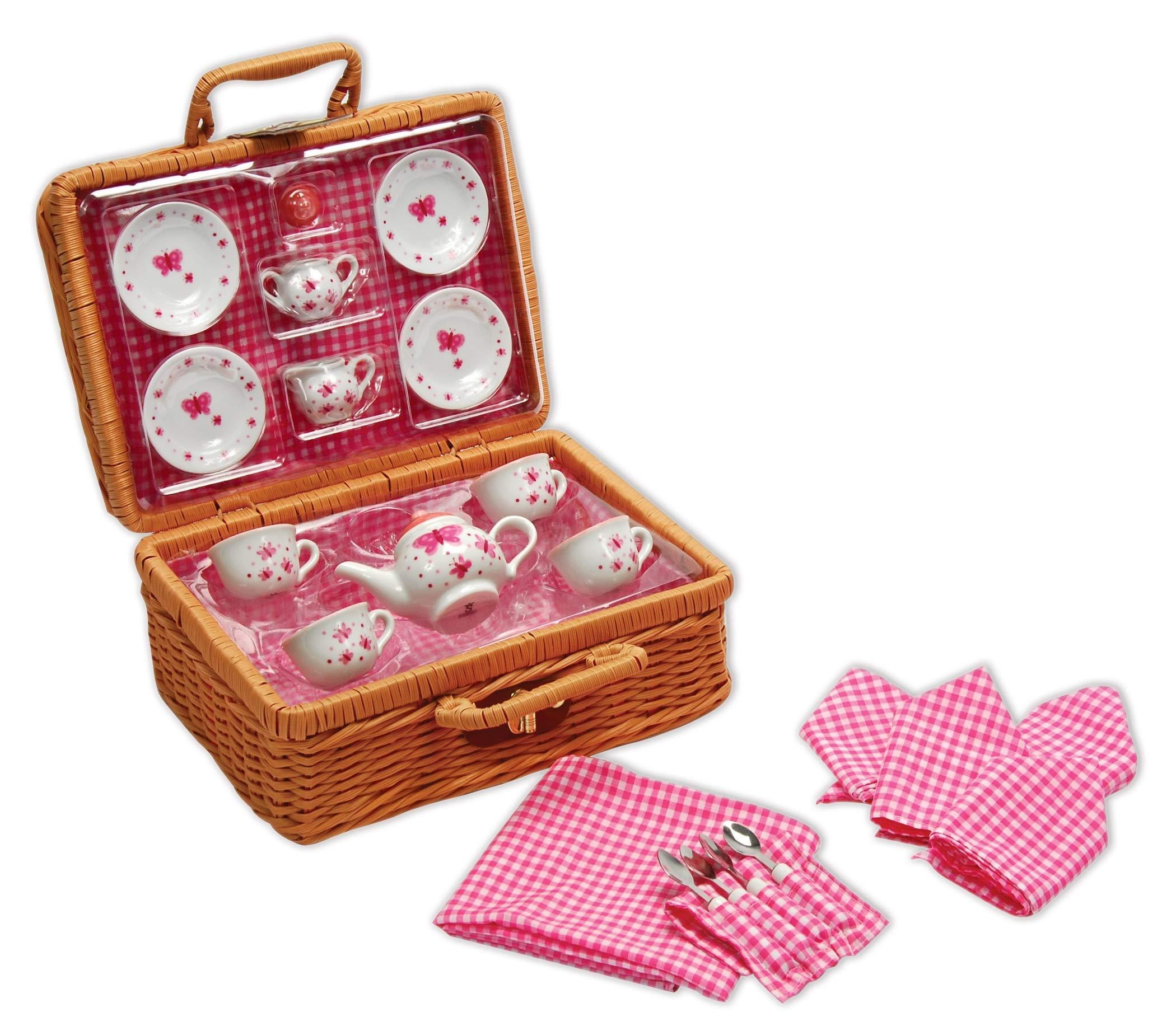 Schylling Schylling Butterfly Tea Set Basket - 23 Piece Miniature Porcelain Set with Picnic Basket - Includes Service for Four - Ages 8 and Up