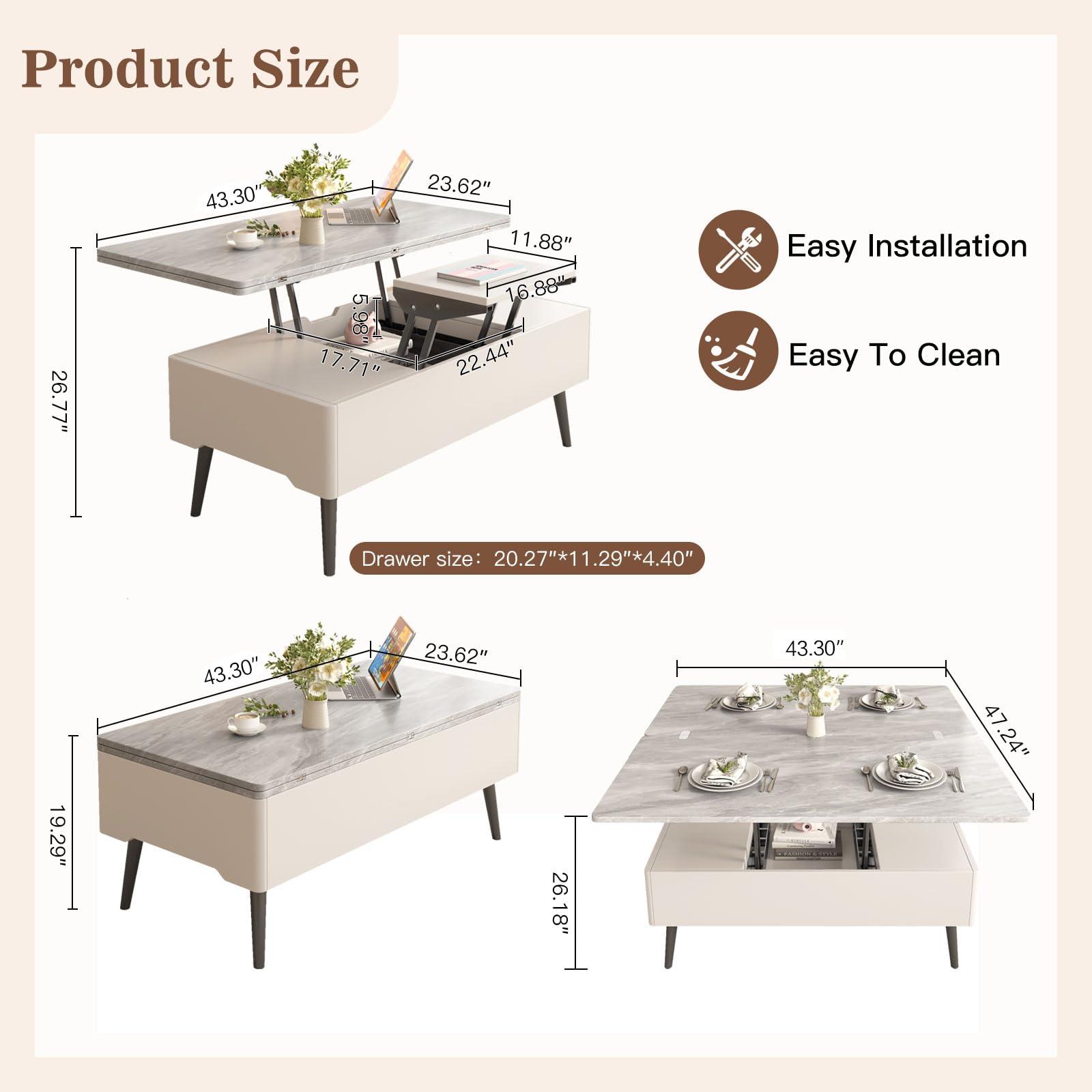 Guyii Guyii Lift Top Extendable Coffee Table with Storage, 3 in 1 Multi-Function Coffee Table Center Table with Hidden Compartment, Modern Rectangle Dining Table for Living Room