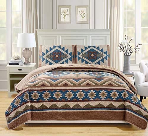Western Essence Rustic Western Southwestern Native American Tribal Navajo Design Oversized Bedspread Quilt Set in Beige Taupe Brown Blue Green Austin Taupe (King / California King)