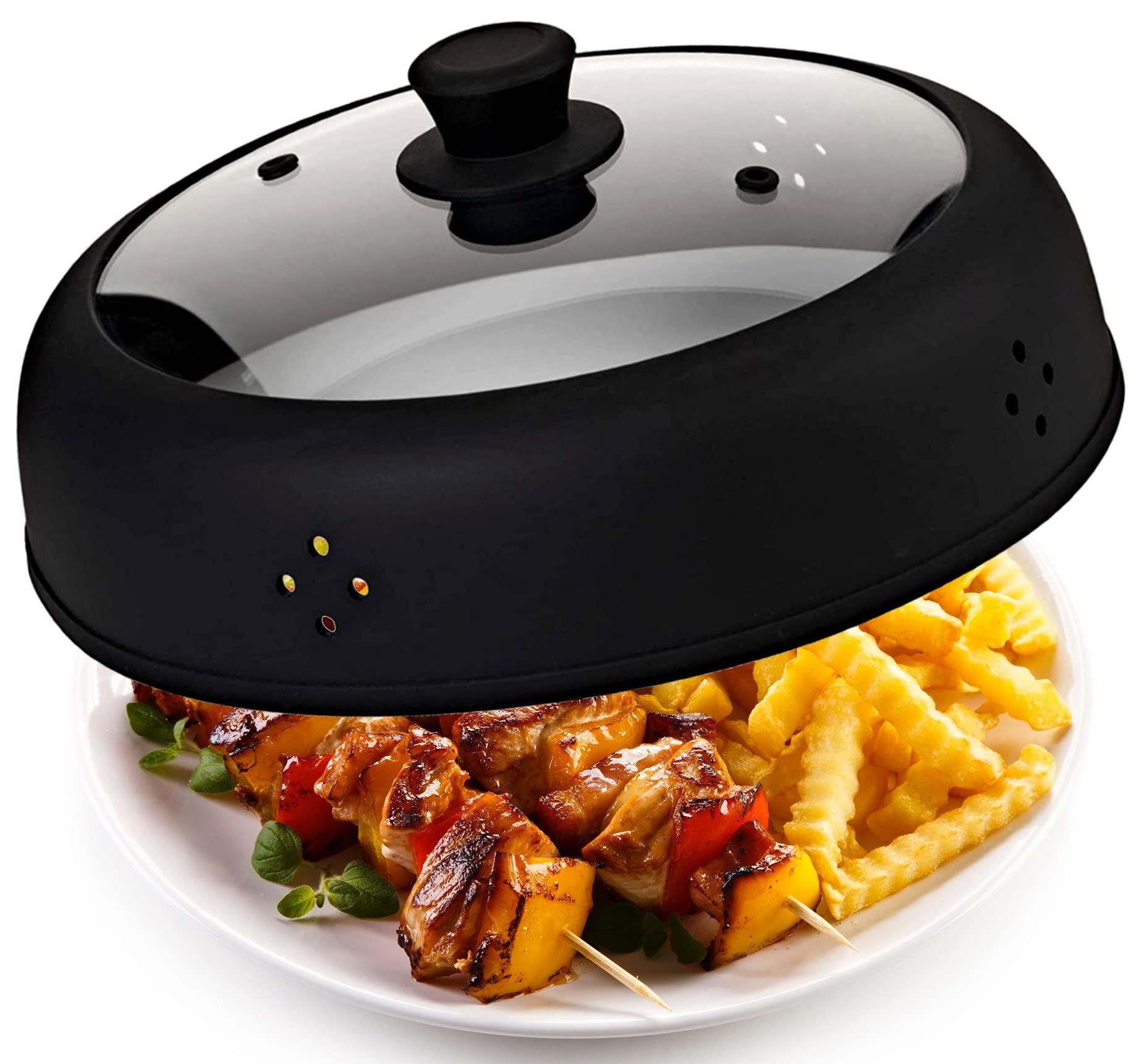 Bezrat Bezrat Vented Glass Microwave Plate Cover | Large 12-inch Splatter Guard Lid | Firm Grip Silicone handle | 100% Food Grade | Dishwasher Safe (Black)