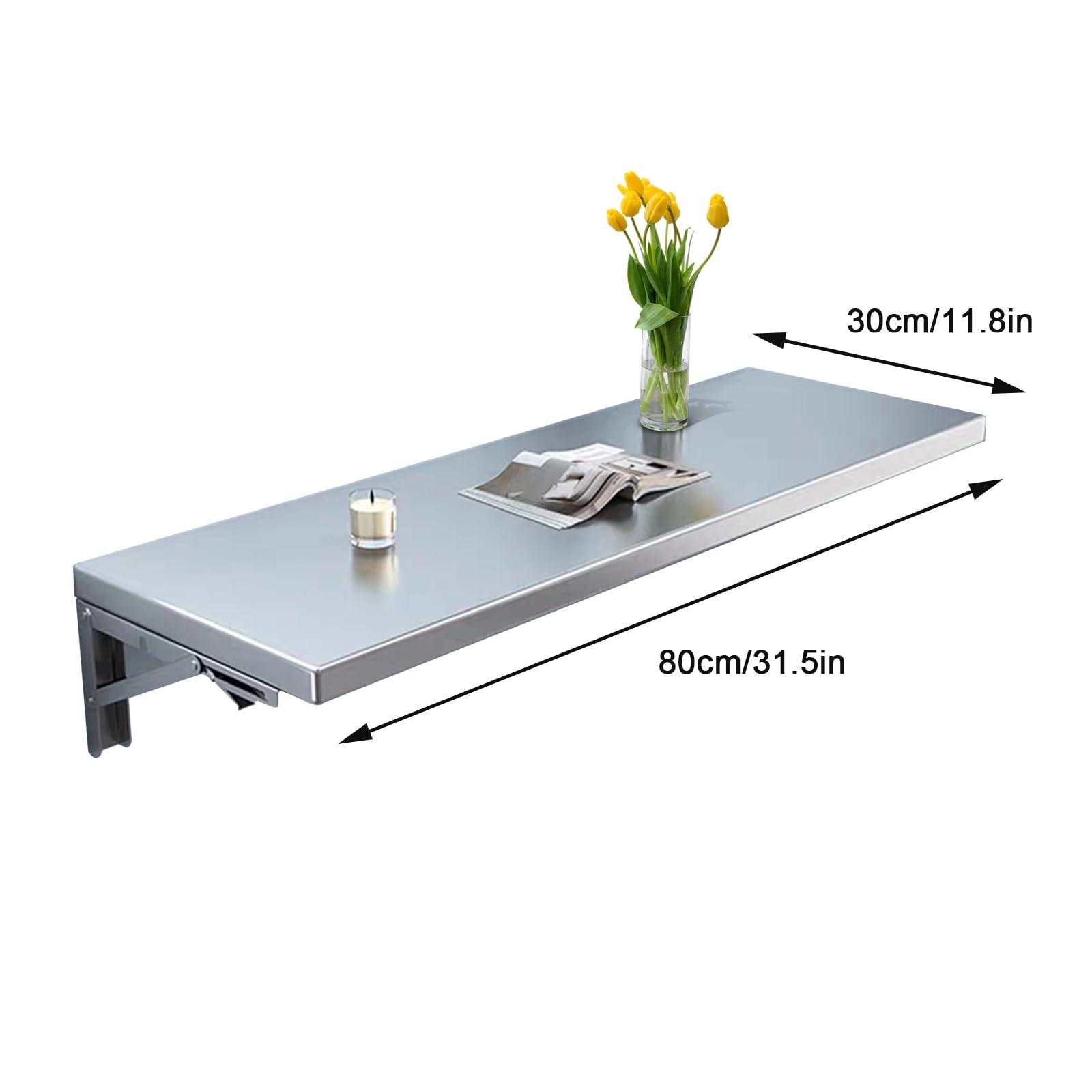 NRNQMTFZ Wall Mounted Folding Table, Wall Desk Fold Down, Floating Desk for Study,Stainless Steel Wall Shelf, suitable for bedroom, kitchen, living room, balcony, bathroom (80 * 30cm/31.5 * 11.8in)