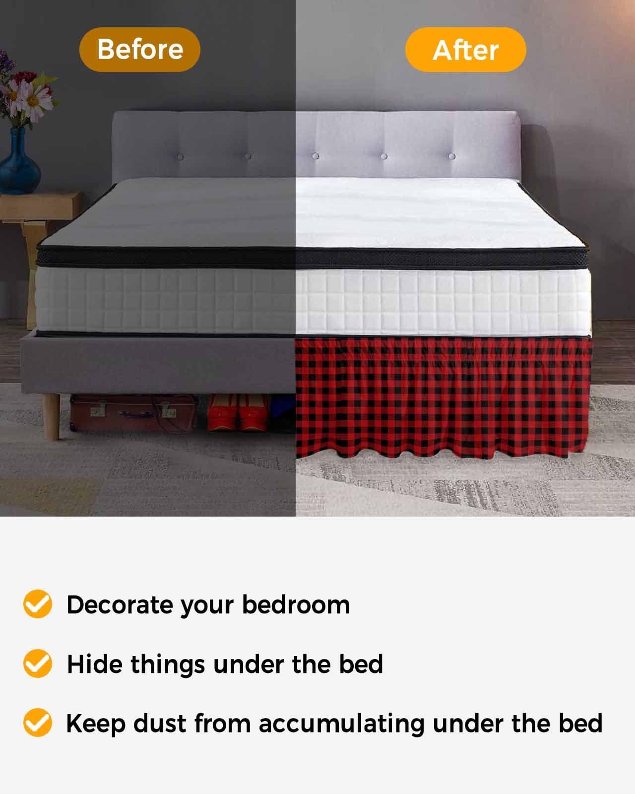 RisQiten Red Black Plaid Bed Skirt Queen Size 16 Inch Drop, Adjustable Elastic Bedskirt Dust Ruffle for Queen Bed, Farmhouse Checkered Buffalo Wrap Around Bed Skirts Luxurious Pleated Bed Frame Cover