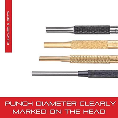 Starrett Starrett Drive Pin Punch Set with Knurled Grip in Round Red Plastic Box - 4\" Length, 1/16\", 3/32\", 1/8\", 5/32\", 3/16\", 7/32\", 1/4\", 5/16\" Punch Diameter, Set of 8 - S565WB