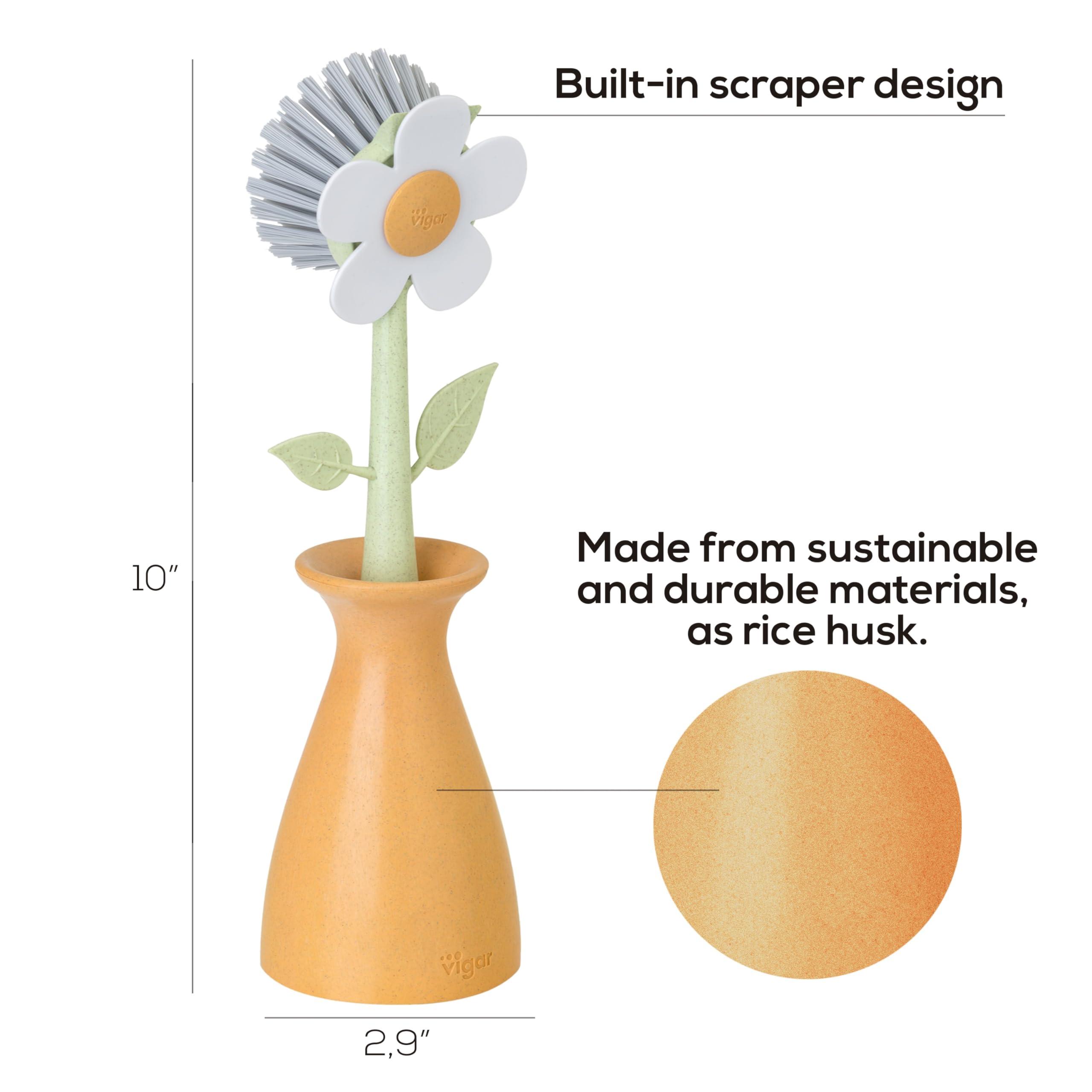 Vigar Vigar Florganic Daisy-Shaped Dish Brush with Vase Dish Brush Holder, Dish Brush with Handle, for Pot Scrubber, Kitchen Dishes, and Sink Cleaning, Orange