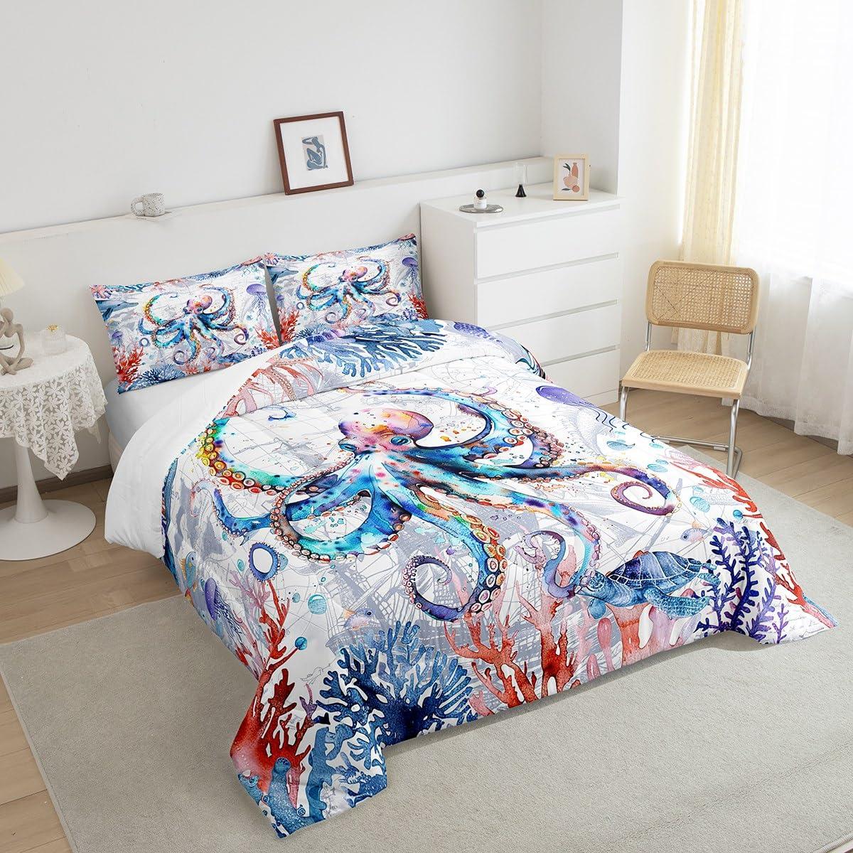 Feelyou Feelyou Kids Boys Girls Octopus Bedding Set Full, Ocean Octopus Comforter Ocean Animal Comforter Set for Sealife Duvet Set with 2 Pillow Case Room Decor Quilt Set Bedding Collection