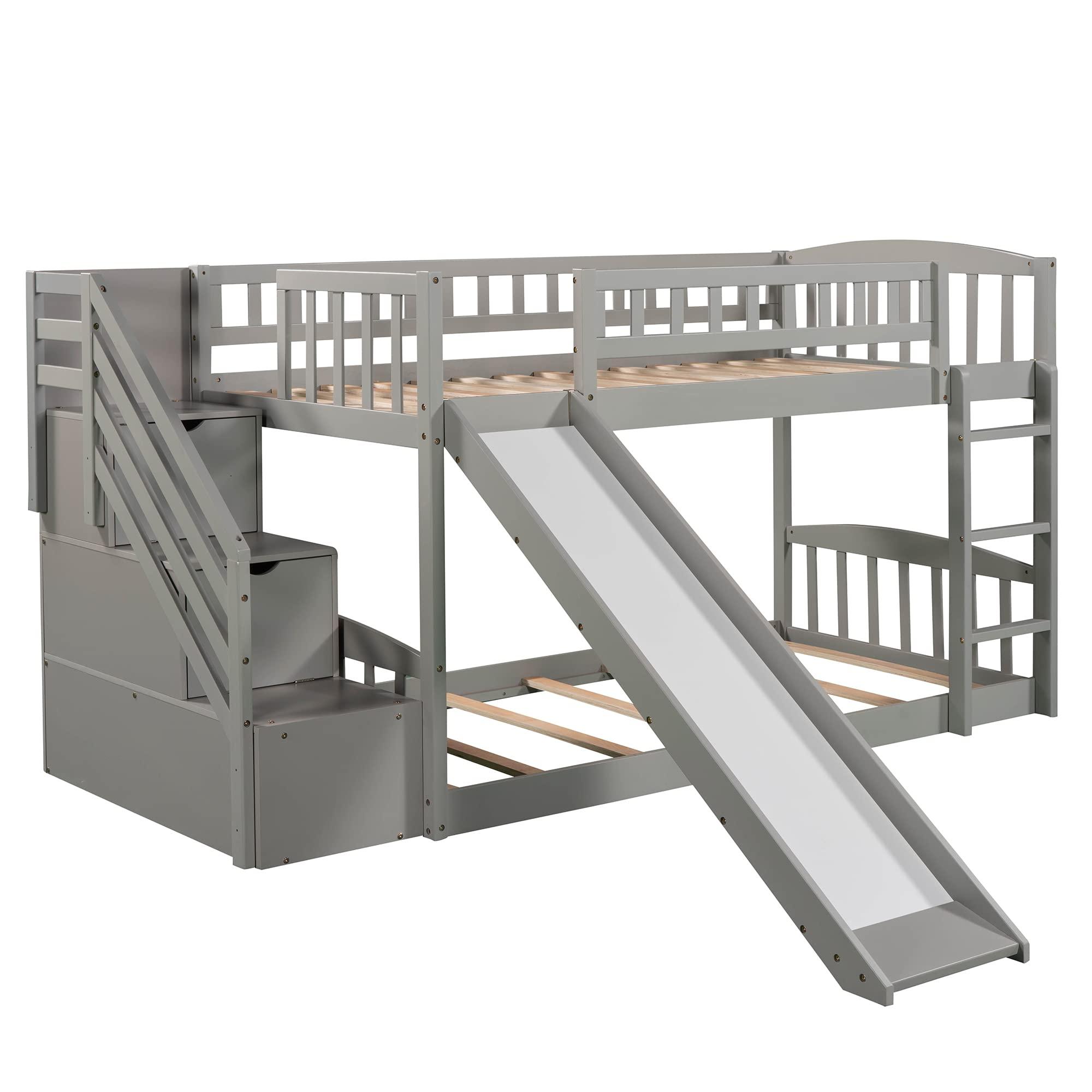 JIVOIT JIVOIT Low Bunk Bed with Two Drawers and Storage Staircase, Twin Over Twin Bunk Bed with Convertible Ladder and Slide, Wooden Stairway Bunk Bed Frame for Kids Teens Boys Girls (Gray+Stairway GZ)