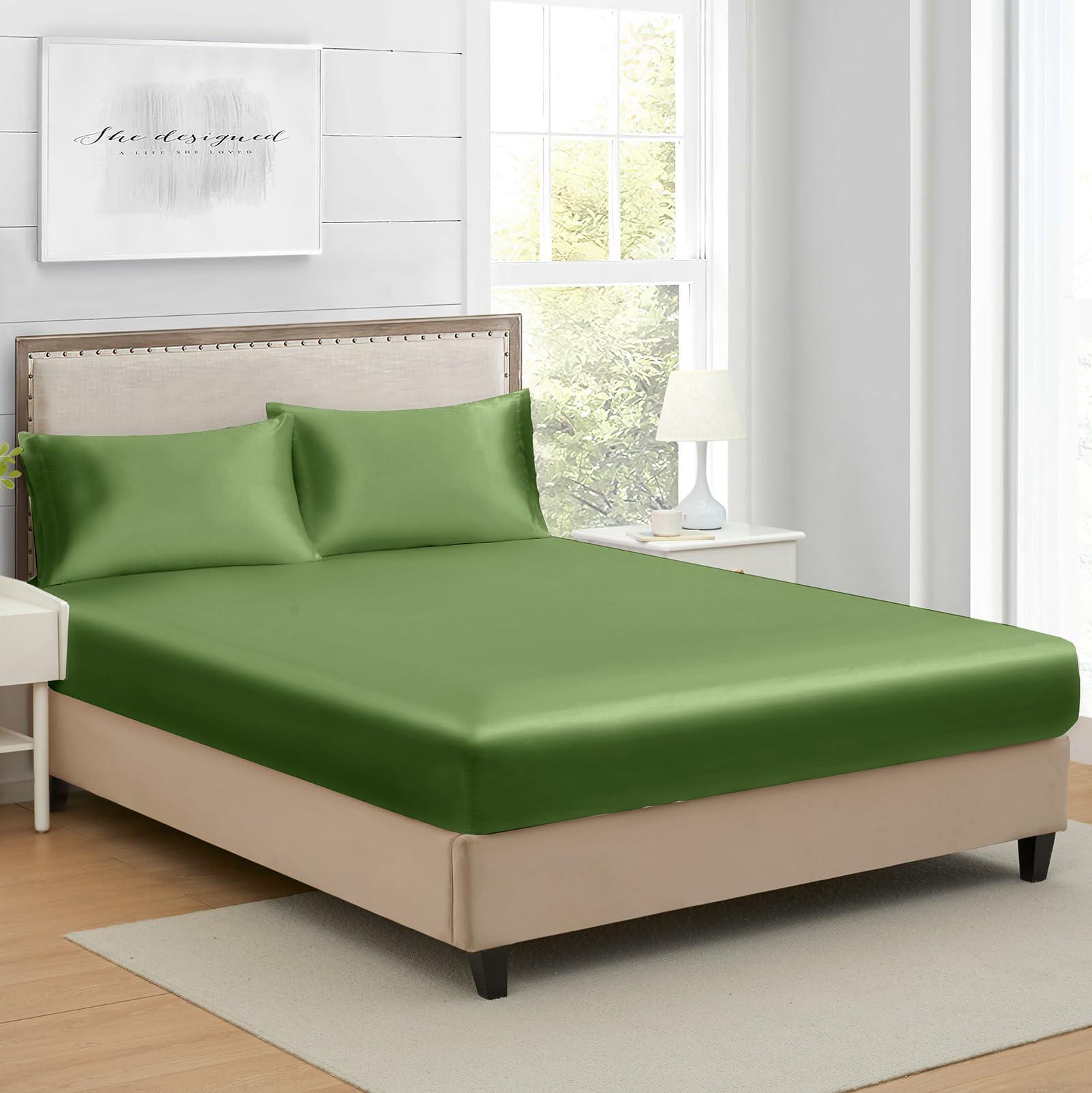 Lanest Housing California King Silk Satin Fitted Sheet, Soft Deep Pocket Single Bottom Bed Sheets Sold Separately, Wrinkle Free, Non- Fading, Breathable, Fully Elasticized(Cal King Size, Sage Green)