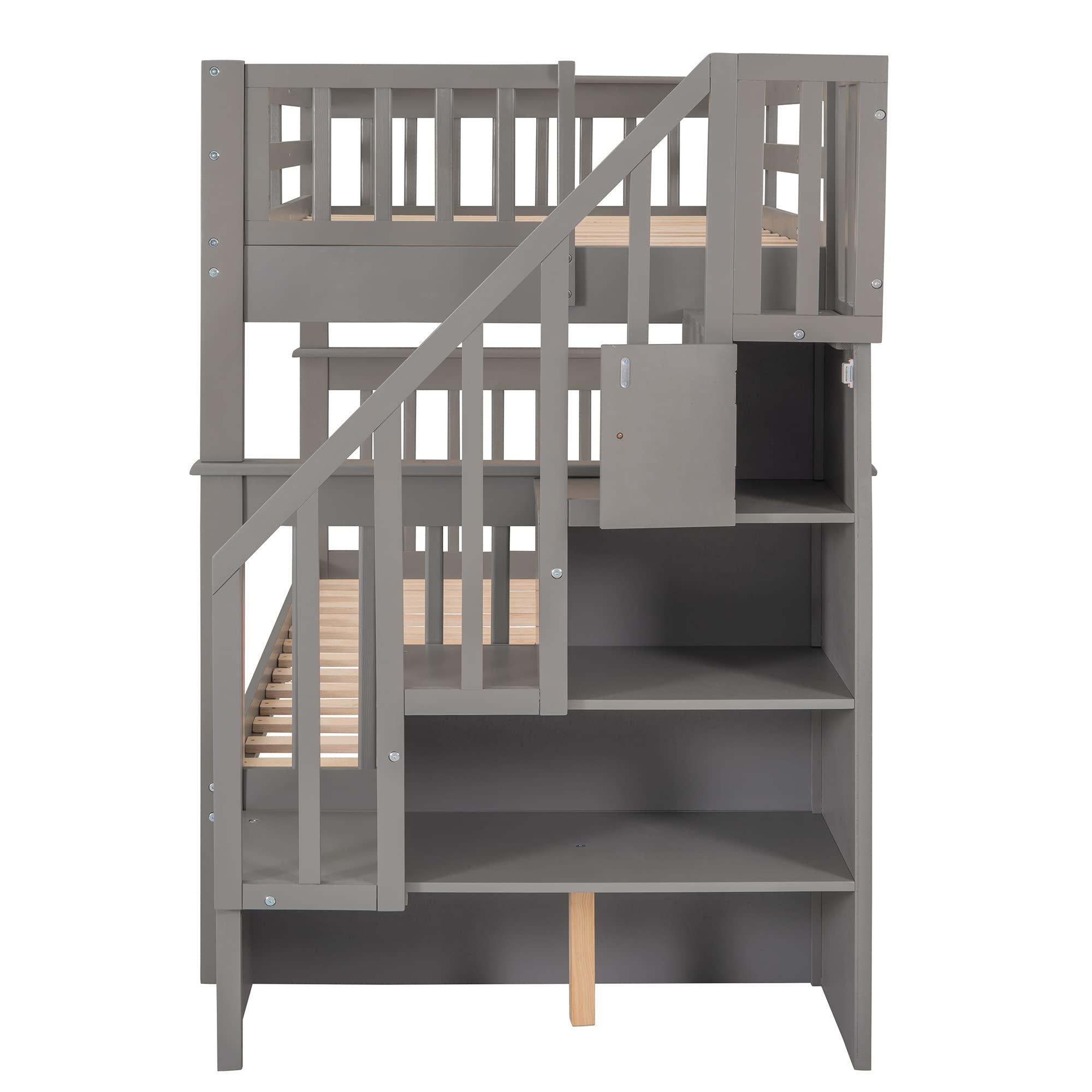 WEALTHKING WEALTHKING Stairway Bunk Bed with Trundle, Convertible Detachable Beds, Pine Wood Frame with Four-Step Staircase, Storage Shelves, Guardrails, No Box Spring Required (Grey,Twin over Twin)