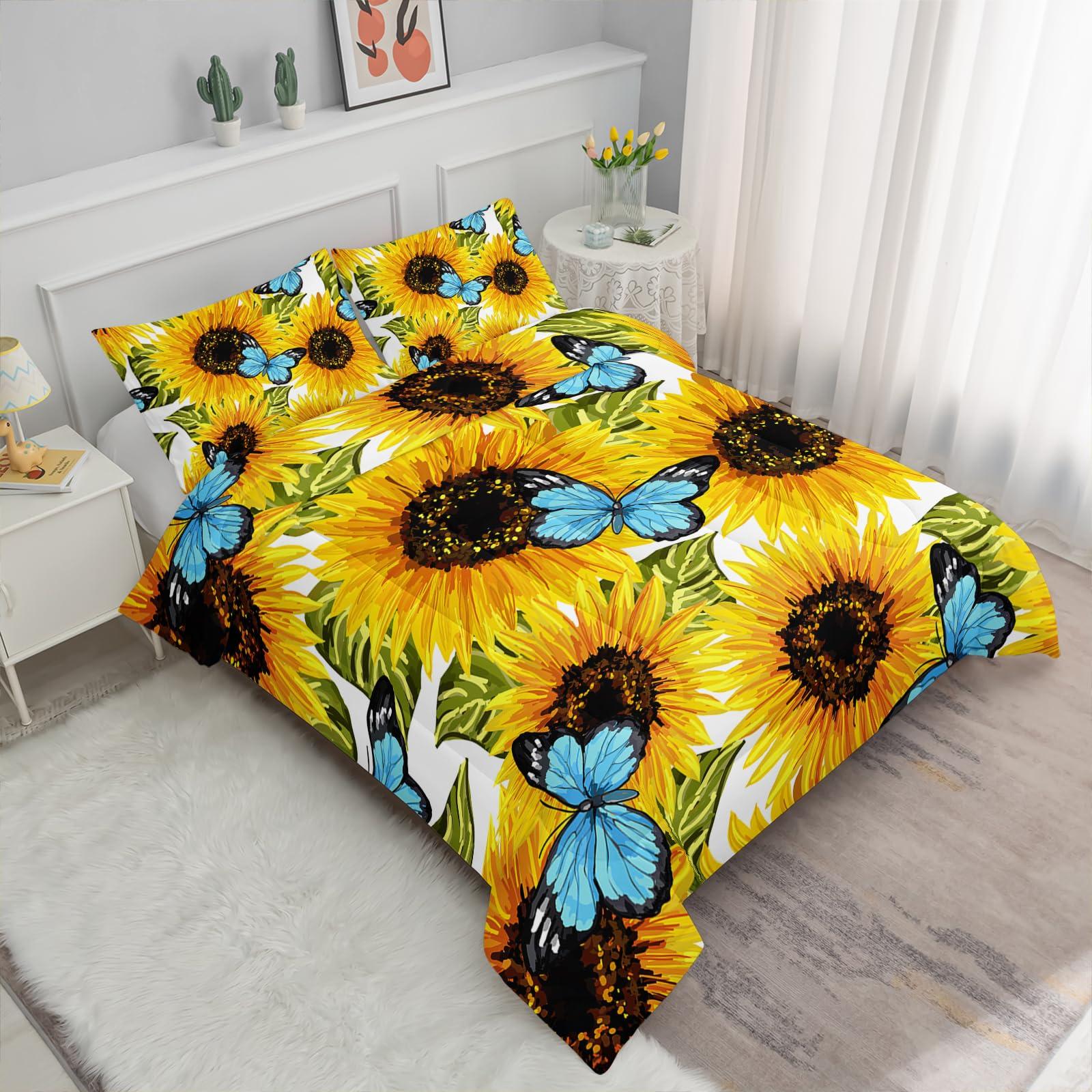 Axolotl Axolotl Sunflower Bedding Set Full,Yellow Sunflowers Comforter Set,Butterfly Bedding Blue Butterflies,Flower Bedding Set,Summer Floral Comforter Set for Girls Kids Teens Adults,1 Quilt 2 Pillowcases