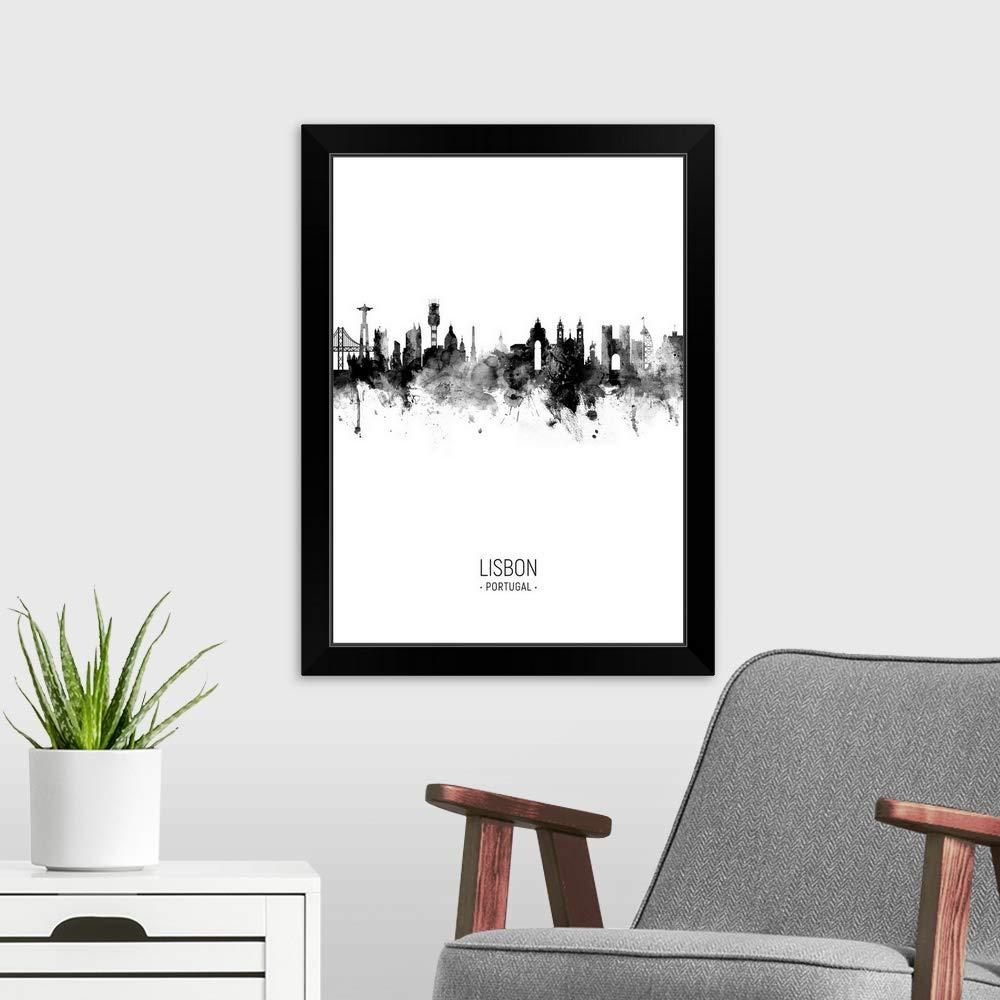 CANVAS ON DEMAND Lisbon Portugal Skyline Black Framed Art Print, Artwork