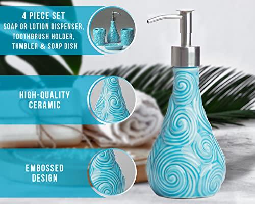 Comfify Designer - 4 Piece Bathroom Accessories Set - with Soap or Lotion Dispenser, Toothbrush Holder, Tumbler and Soap Dish - Glossy Finish - Porcelain (Ocean Waves, Aqua Blue) Holds 15.6oz