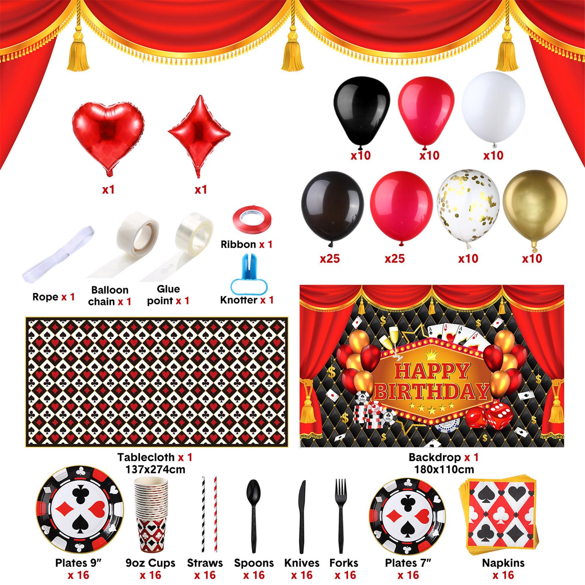 HyDren 239 Pcs Casino Theme Party Decoration Poker Birthday Decoration Las Vegas Party Supplies Include Casino Backdrop, Balloon Garland Kit, Tablecloth Napkin Tableware Set for Las Vegas Night Poker