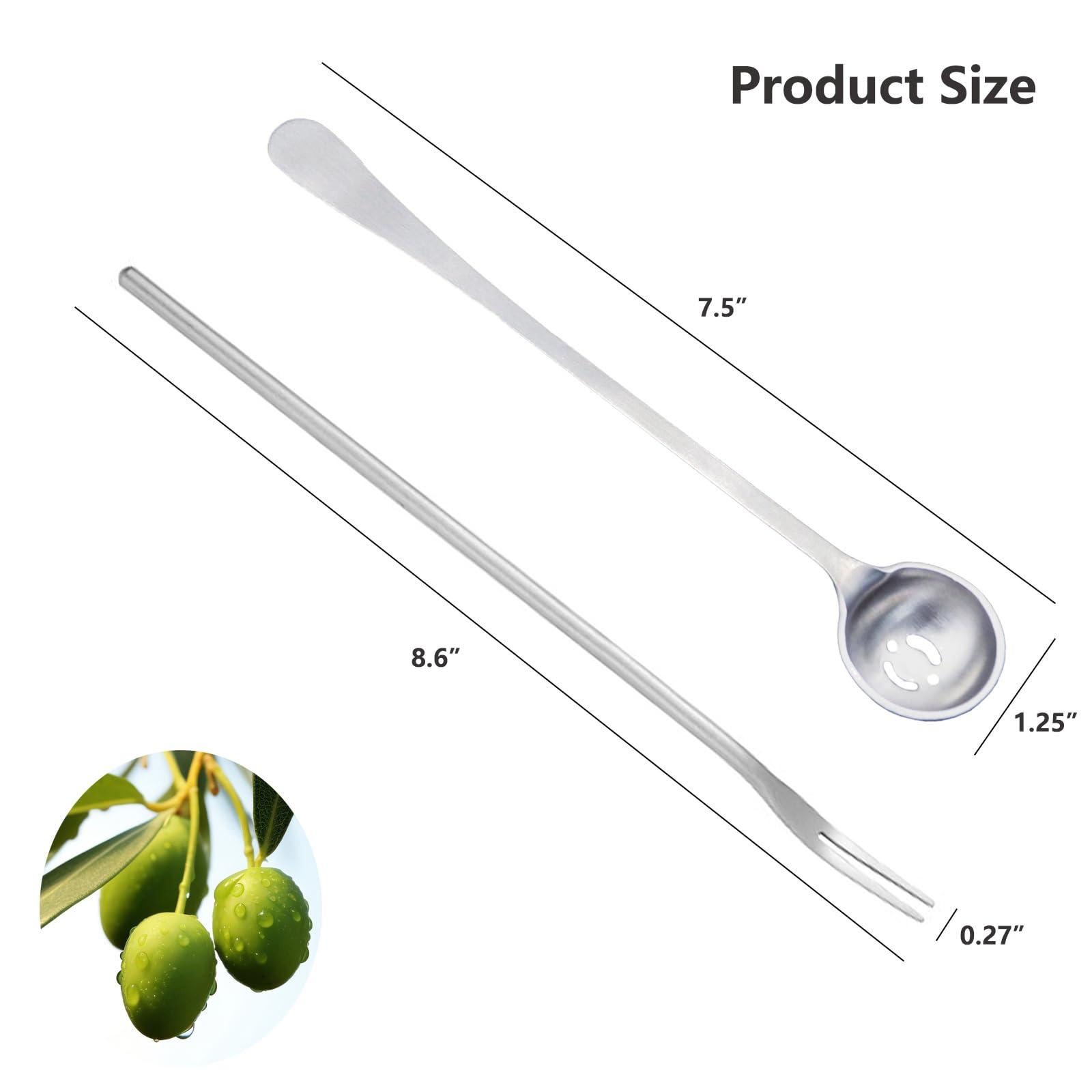 Asanta 4 PCS Olive Spoon and Pickle Fork, 7.5 Inch Olive Spoons with Holes, 8.6 Inch Pickle Forks for the Jar, Stainless Steel Long Handle Food Picker for Pickle, Asanta Jars Serving Spoon and Fork Set