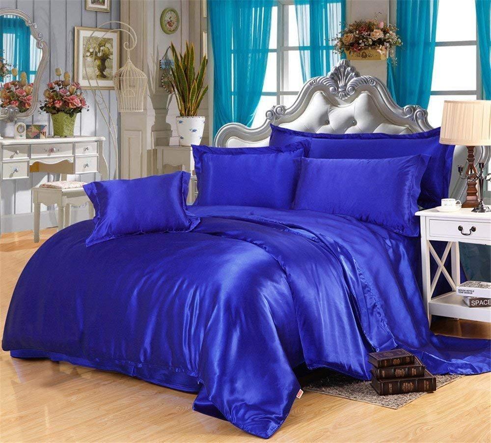 Red Rose Bedding Red Rose Bedding Luxurious Ultra Soft Silky Satin 7-Piece Bed Sheet Set with Duvet Set Royal Blue, Full