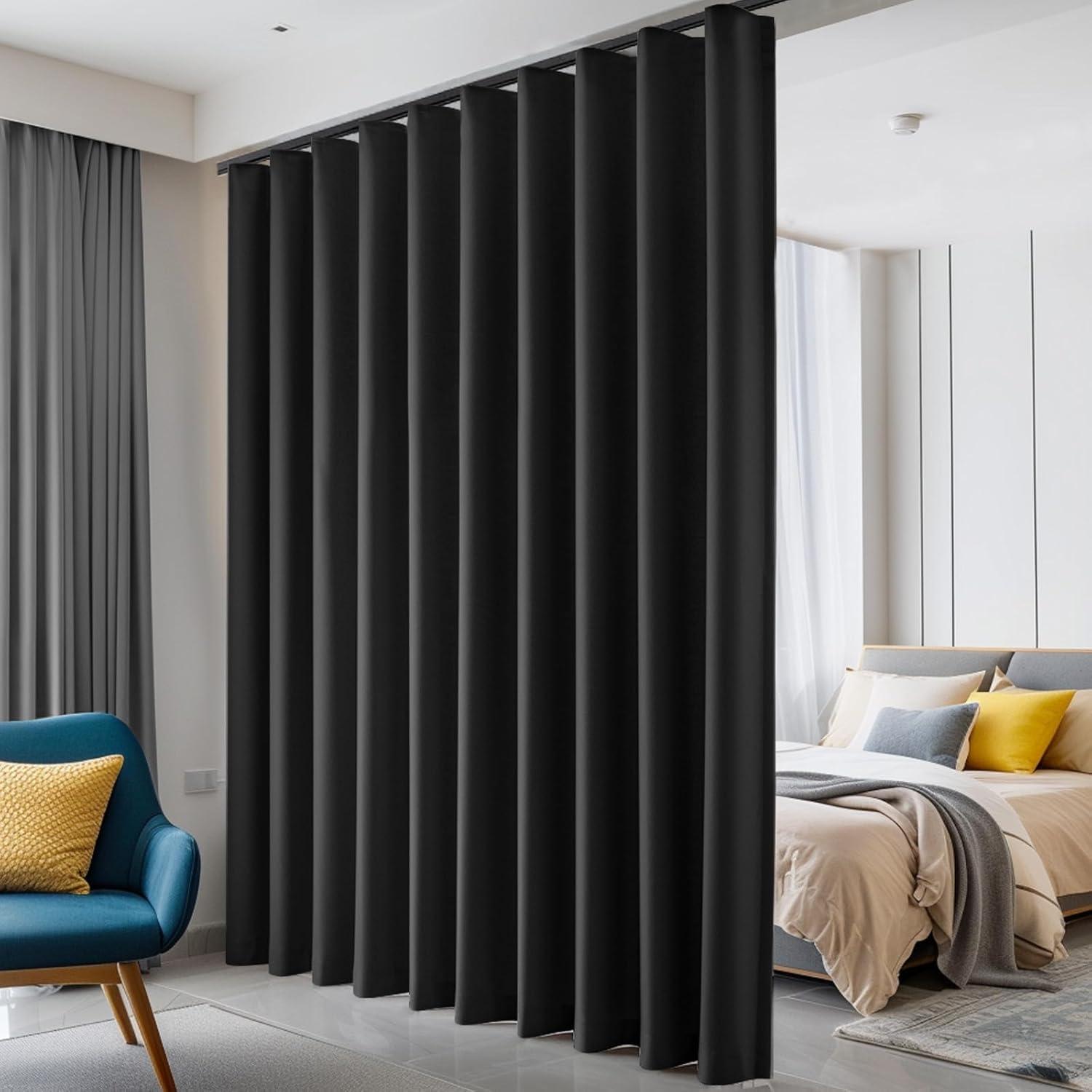 hoeflife Hoeflife Room Divider Curtains, Blackout Ceiling Track Curtains with Hook Sound Proof Floor Curtains Perfect for Ceiling Mount Curtain Tracks Wall Divider for Room Separation(Black, W150 x H96)