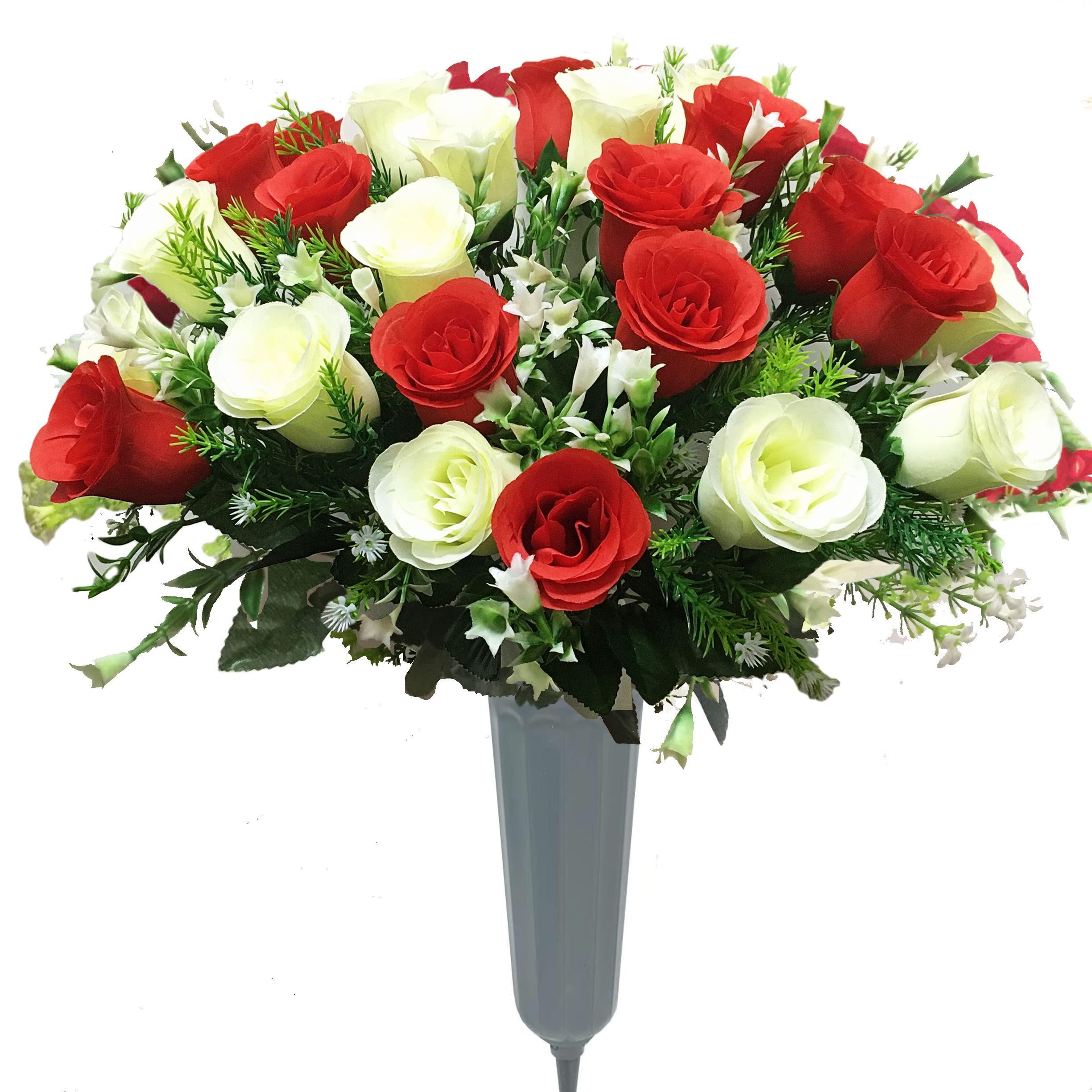 Gritech Gritech Silk Flowers Cemetery Flowers Roses Artificial Flowers for Graves & Memorials- Arrangements for Headstones- Lifelike, Florist-Arranged Bouquet (Red/White, 2)