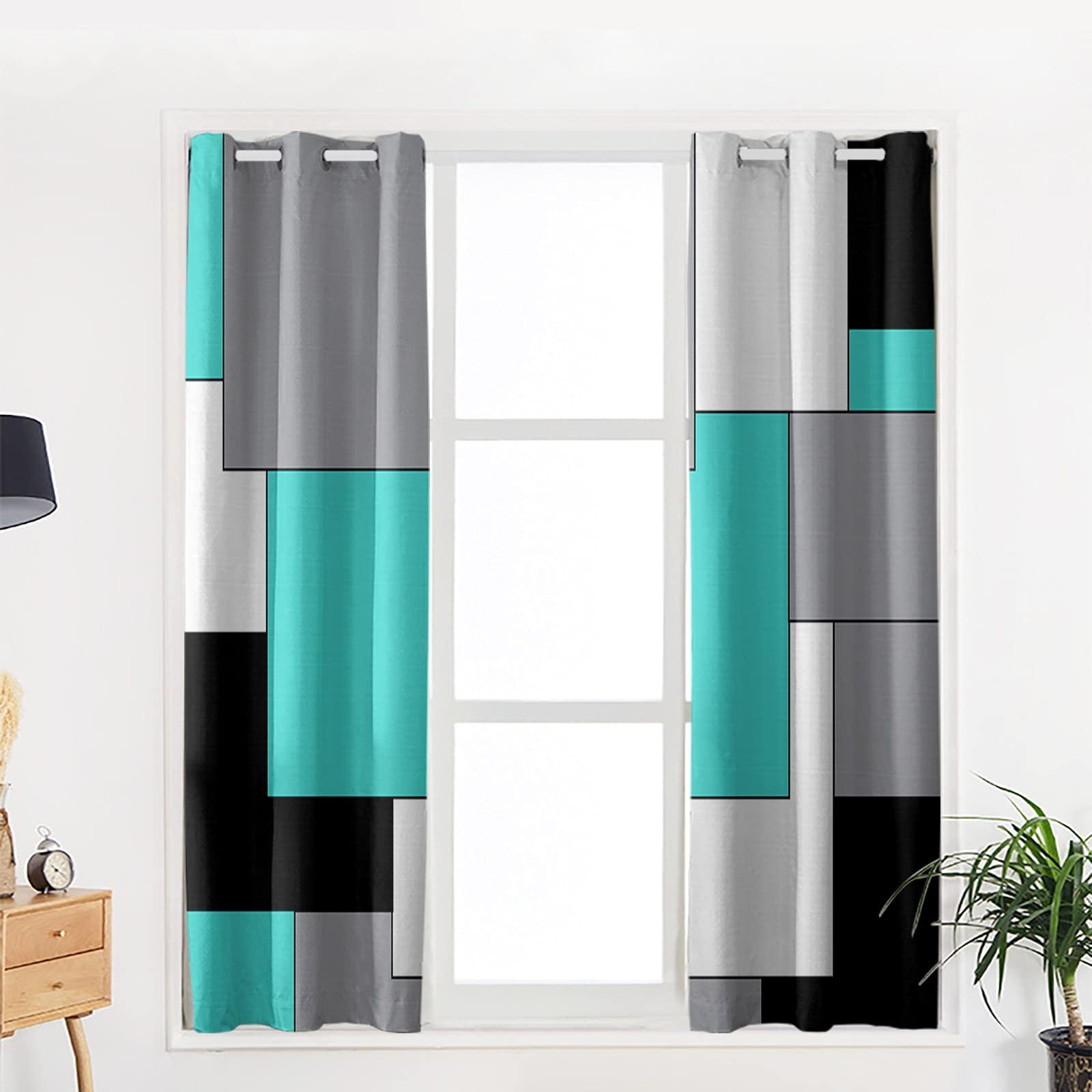 Tersuger Turquoise Black and Grey Blackout Curtains 42x63 inch Length 2 Panels Set, Modern Patchwork Art Abstract Room Darkening Curtains Grommet Thermal Insulated Window Drapes for Living Room Bedroom Decor