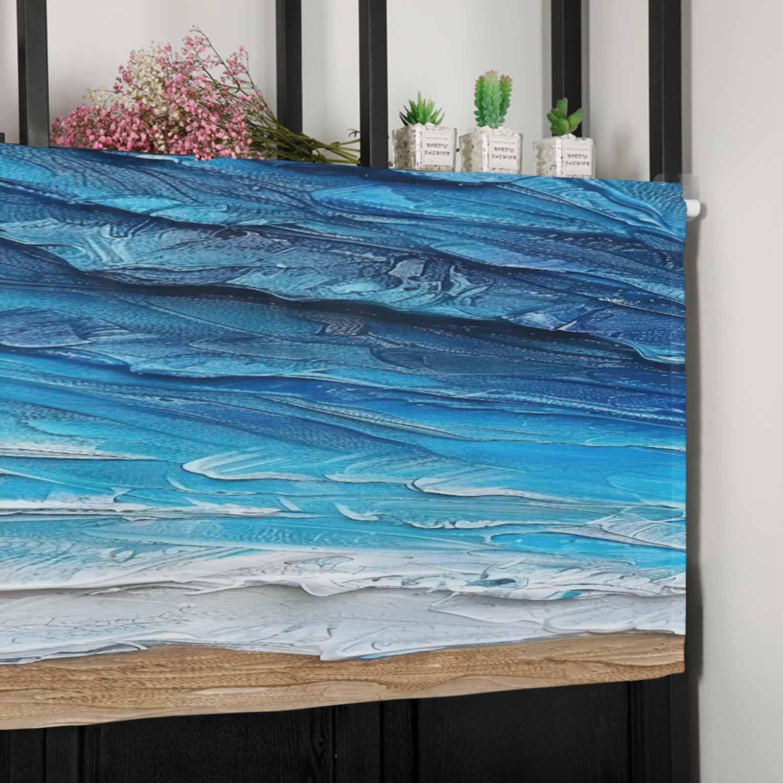 Double Love Blue Coastal Waves Valance Curtains for Living Room/Bedroom/Bathroom/Kitchen Window,Ombre Abstract Ocean Beach Minimalist Painting Rod Pocket Drape Curtains Small Cafe Drapery,1 Panel Valance 42"x12"