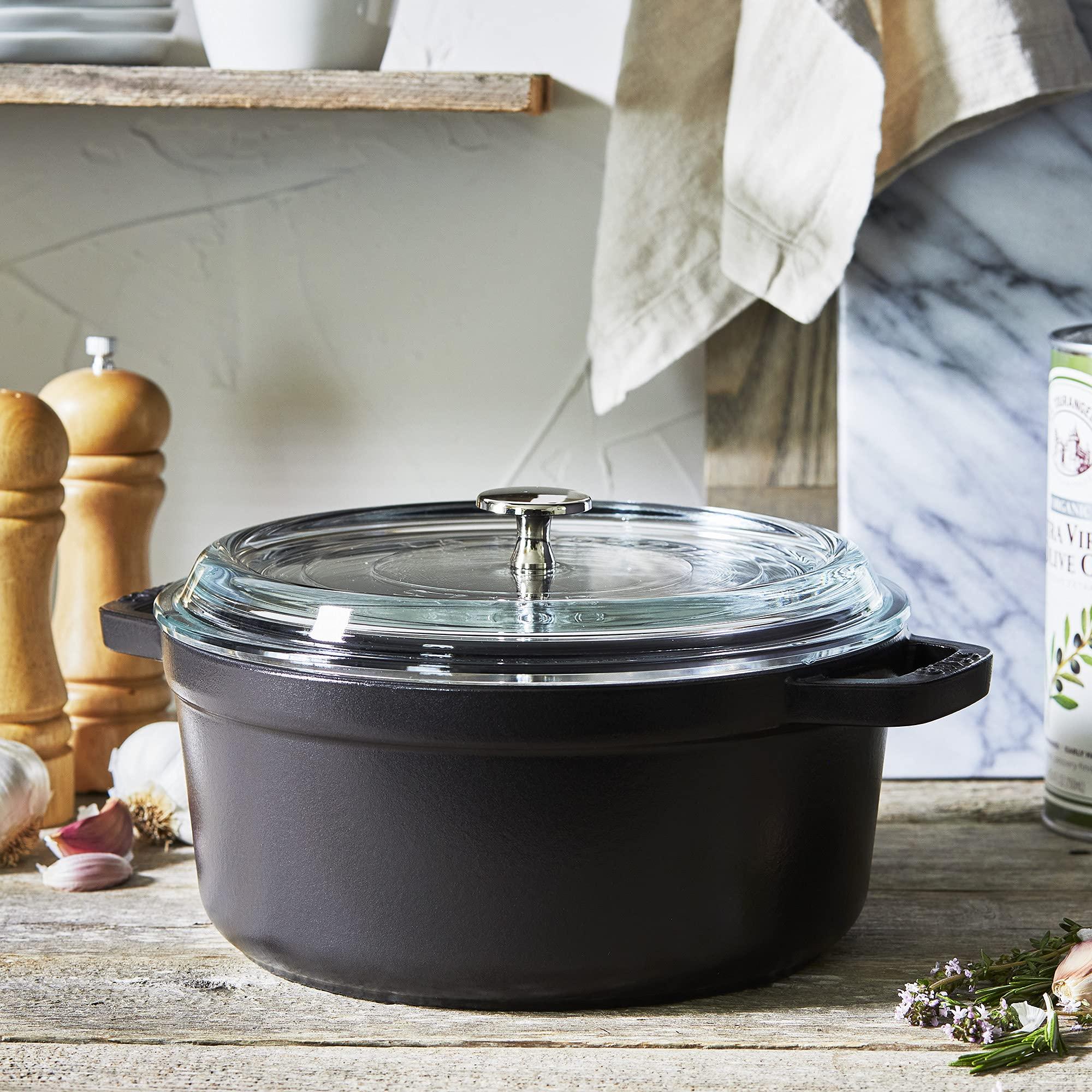 STAUB STAUB Cast Iron Dutch Oven 4-qt Round Cocotte with Glass Lid, Made in France, Serves 3-4, Black