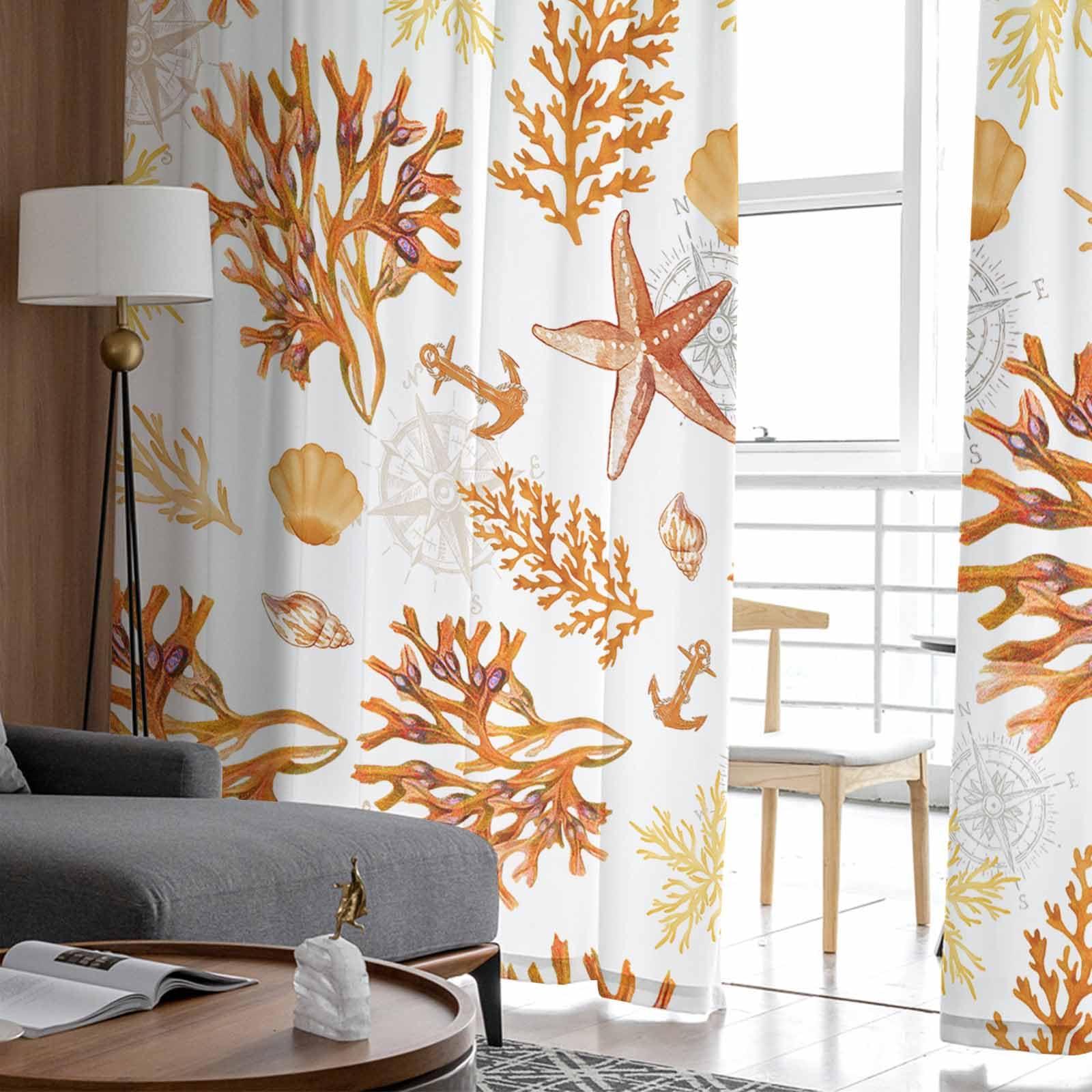 TocaHome TocaHome Sheer Window Curtains 2 Panel Sets, Voile Window Curtain Panels Ocean Sealife Orange Simple Coral Starfish Conch Shell Light Filtering Drapes for Living Room/Bedroom/Kitchen 52" Wx63 L